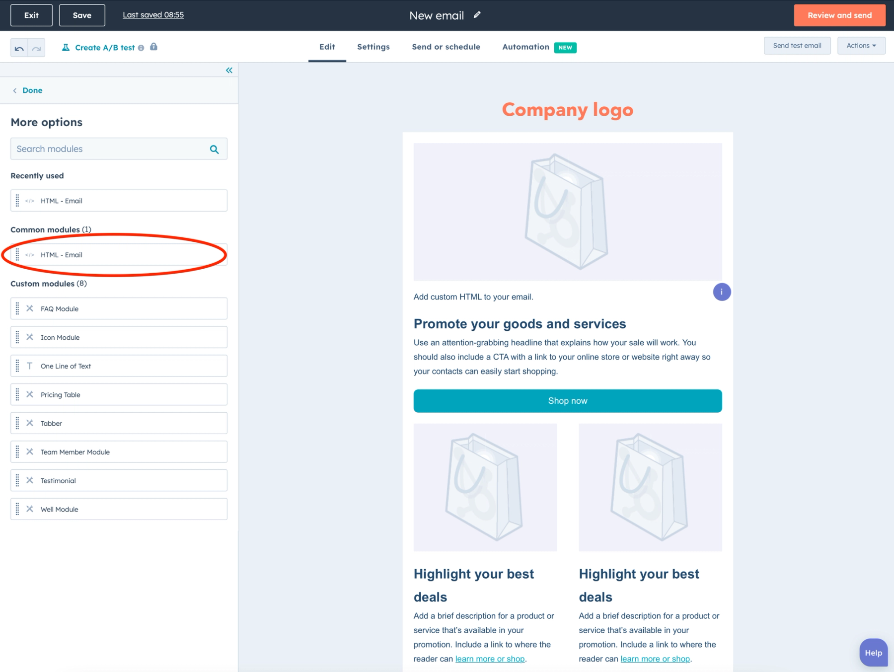 HubSpot email builder with the HTML - Email block option highlighted