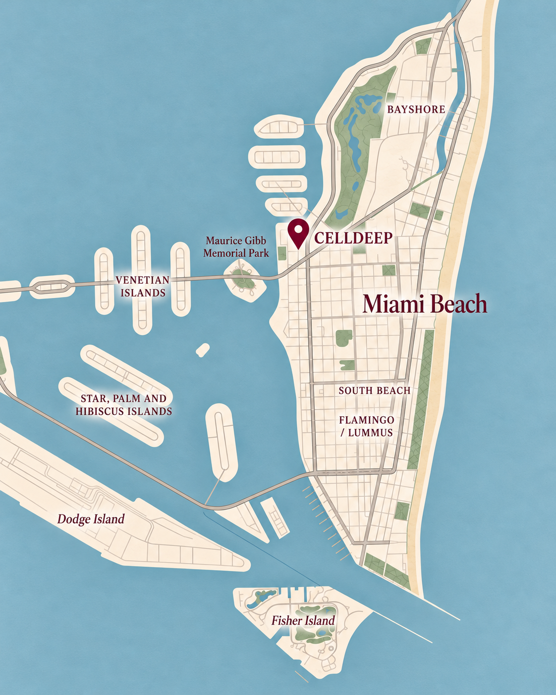 Illustrated map showing CellDeep in Miami Beach near Maurice Gibb Memorial Park.