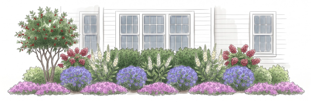 The Native Foundation Bed — illustrated in full bloom