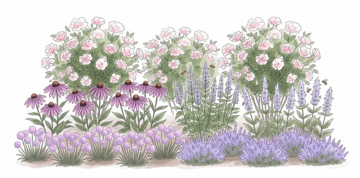 Rose-Companion Pollinator Bed - planting plan for a 10 × 6 ft bed