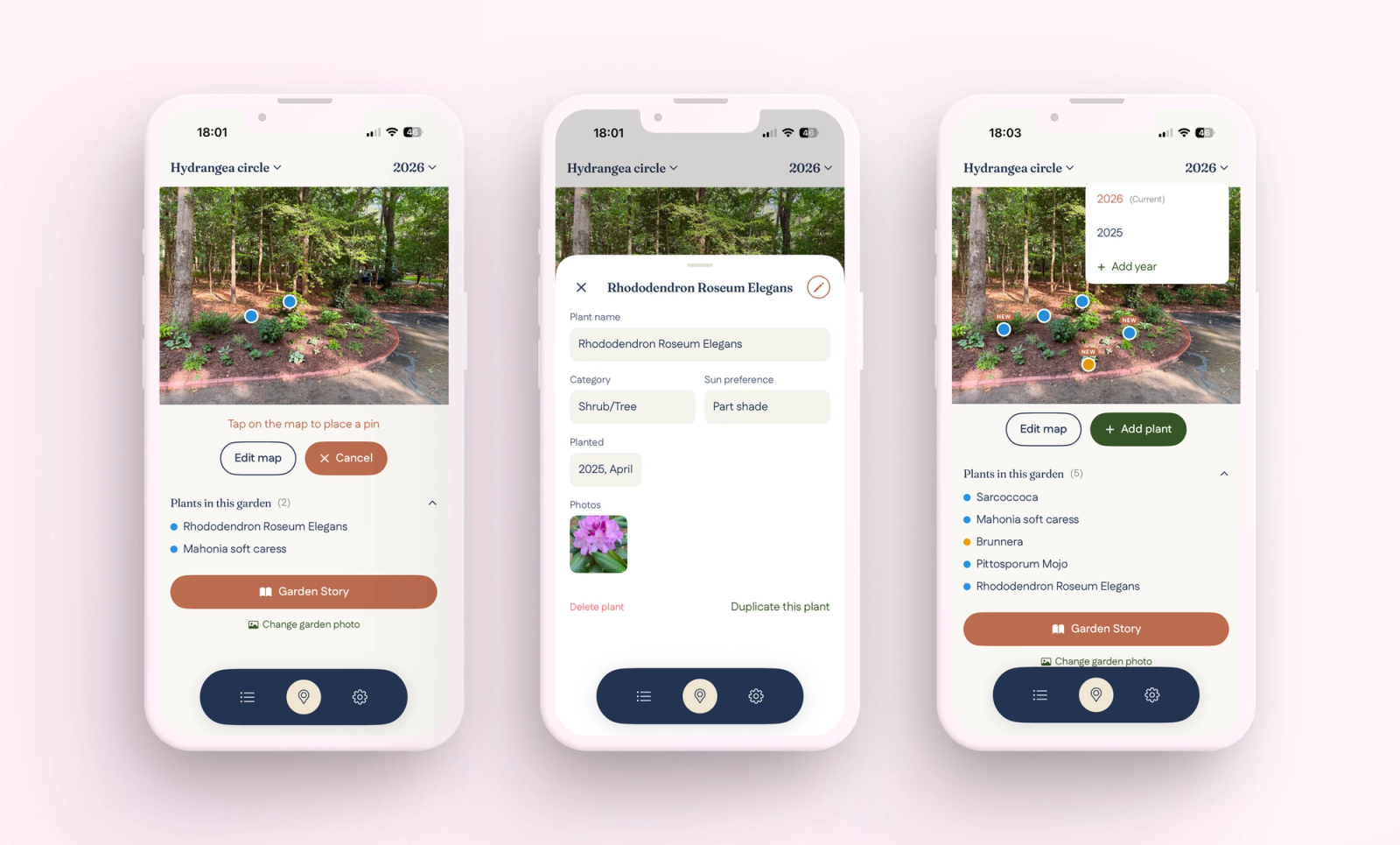 Place pins on your photo. Add plant details. Switch between years to see changes.