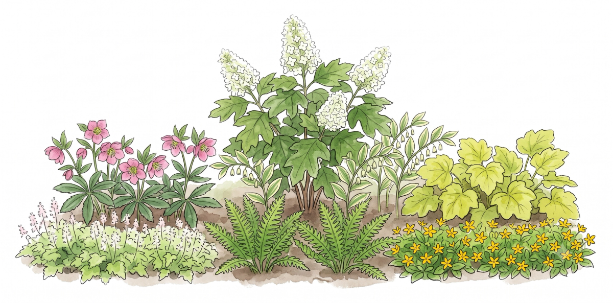 The Easy Shade Garden - planting plan for a 10 × 6 ft bed
