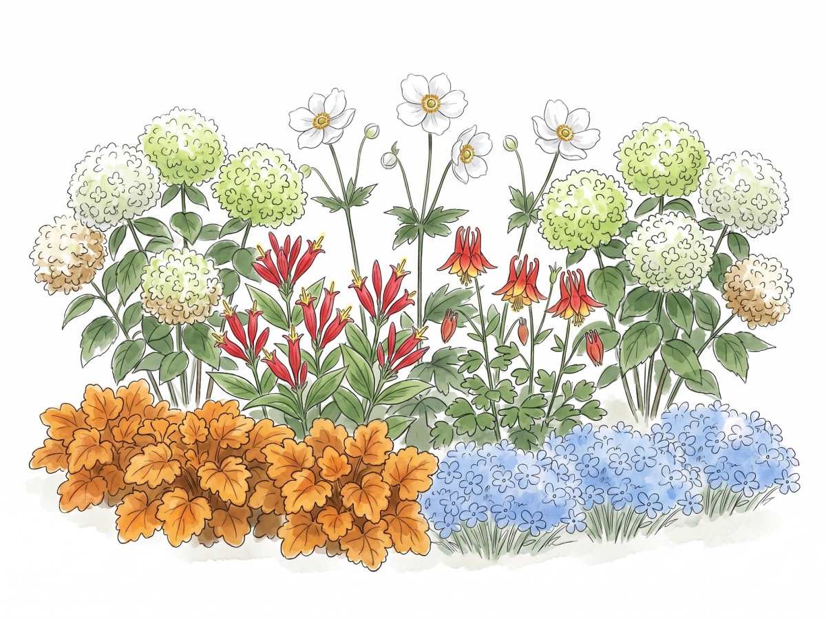 The Part-Shade Cottage Corner — illustrated in full bloom