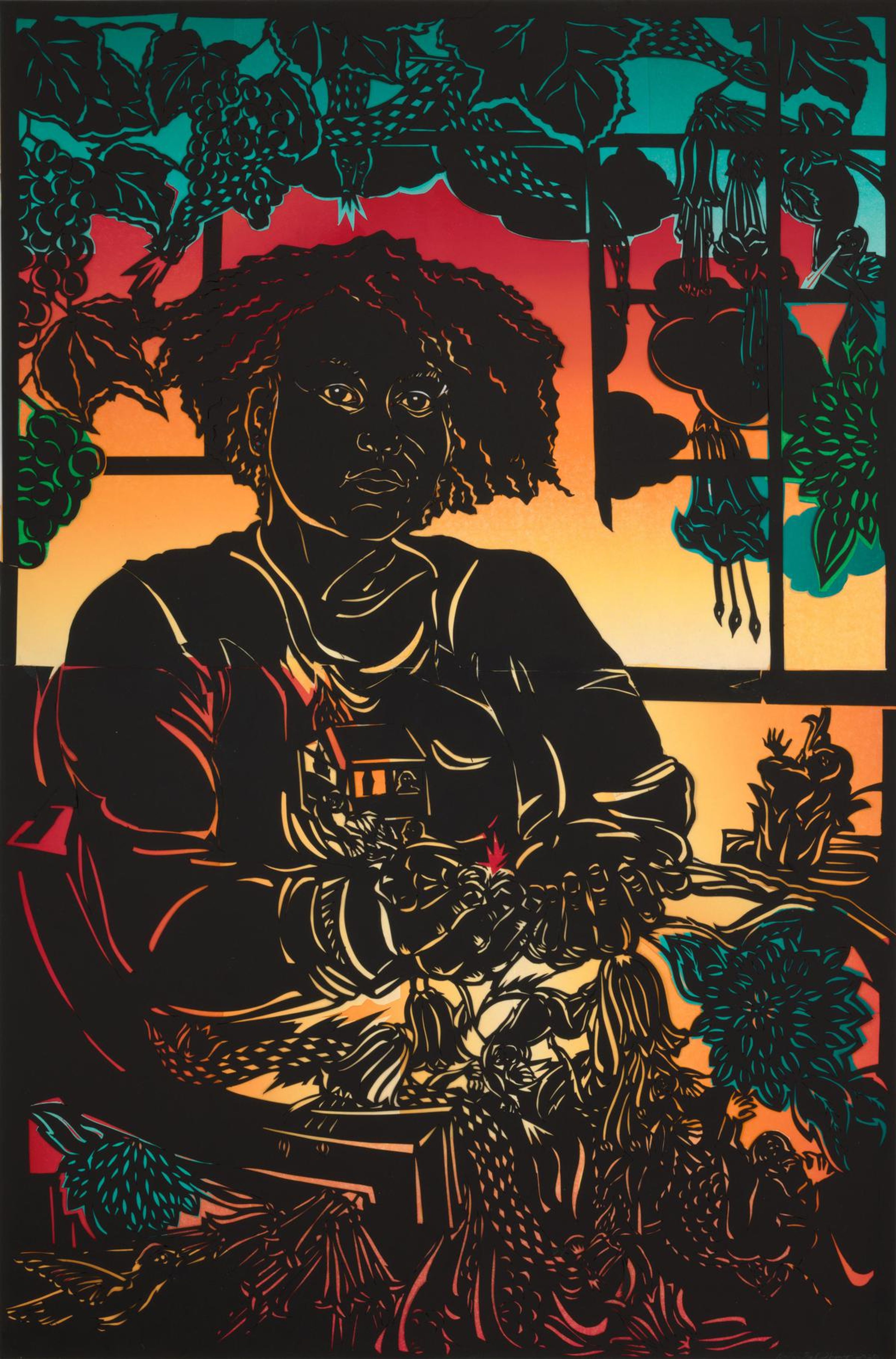 artwork showing black papercut paper overlaid on colorful paper, like a stained glass window