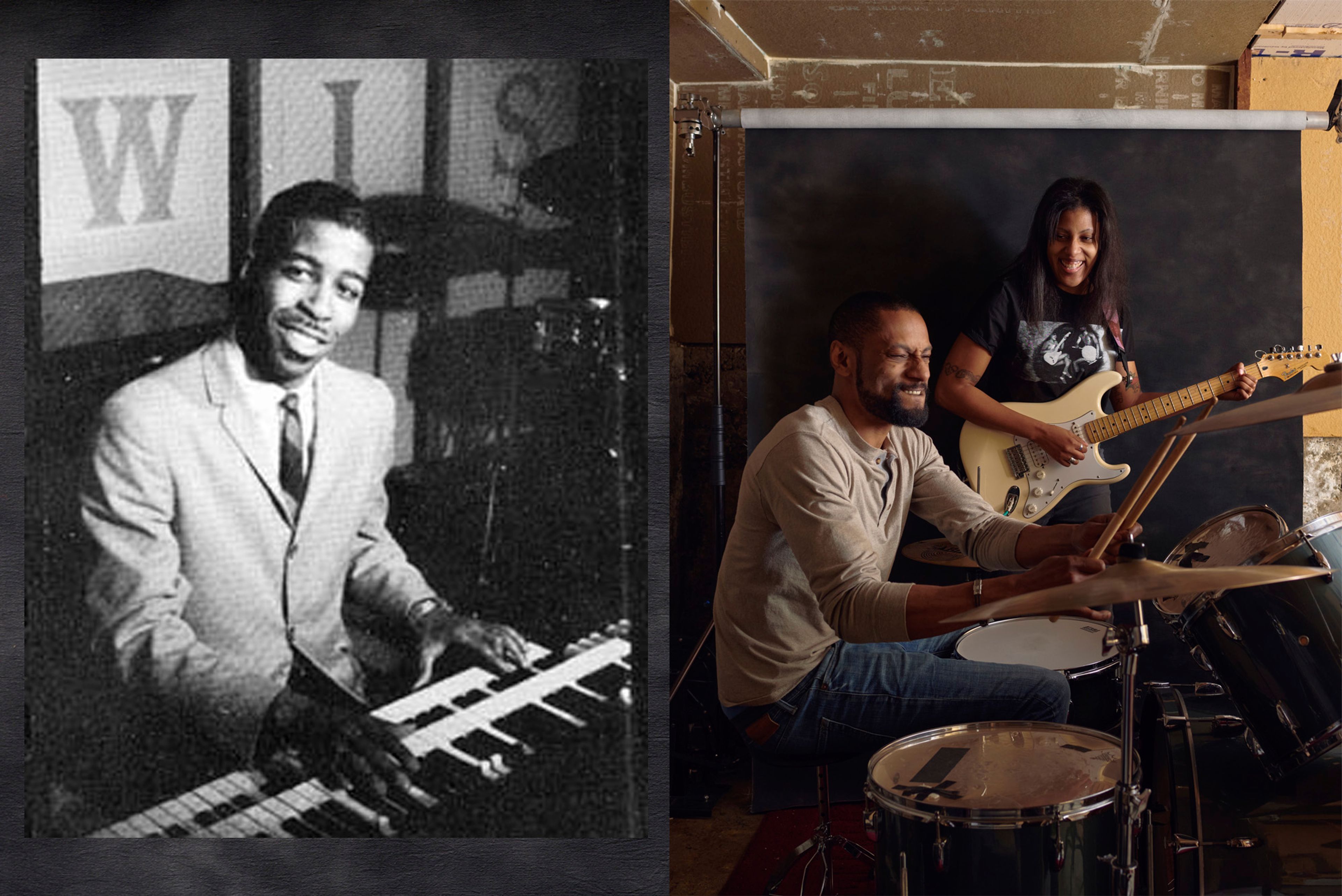 left: a black and white image of a man playing piano. right: a man plays the drums and a woman, standing, plays guitar