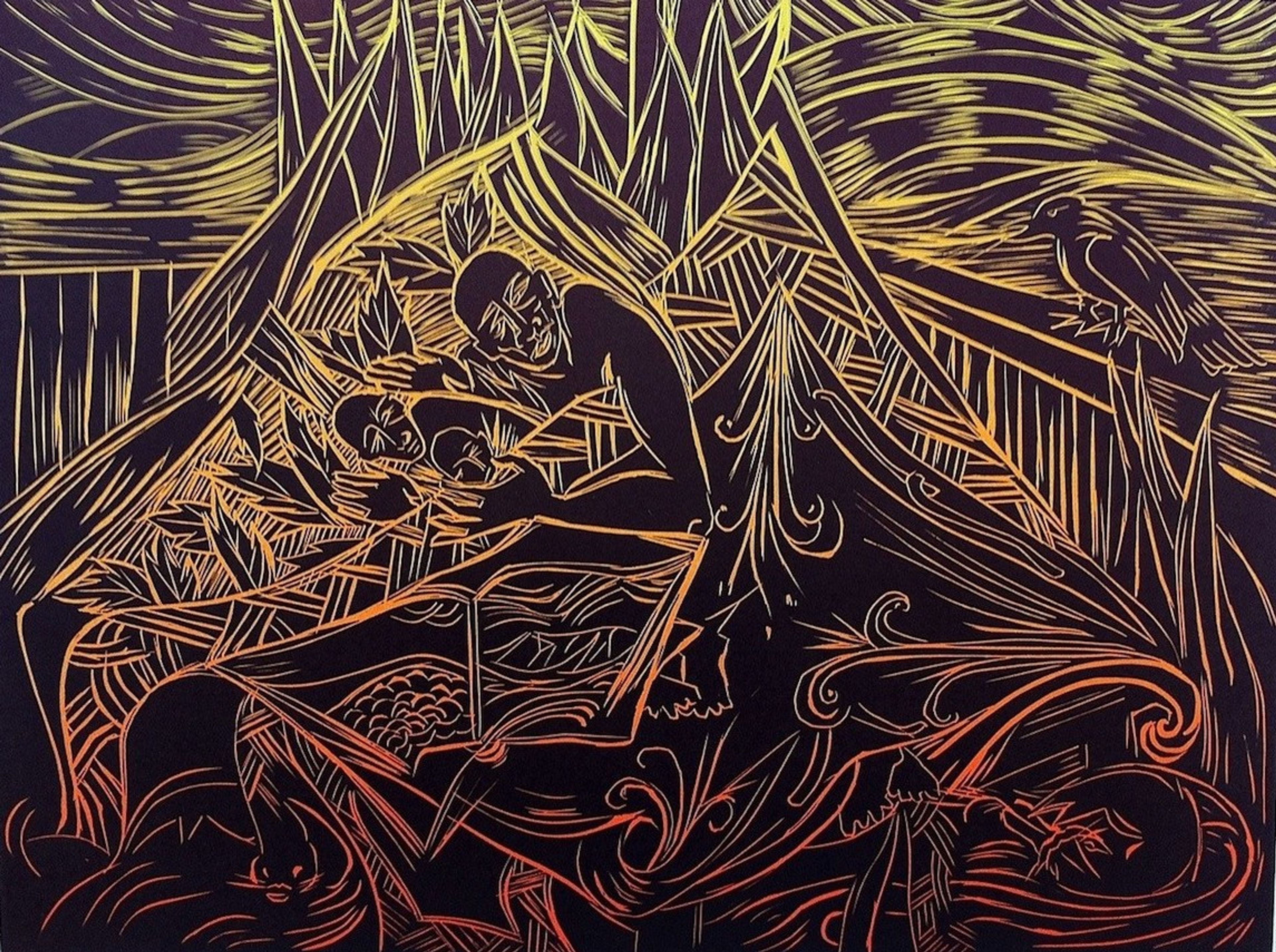 linocut of people caught in waves, orange and red lines on black background