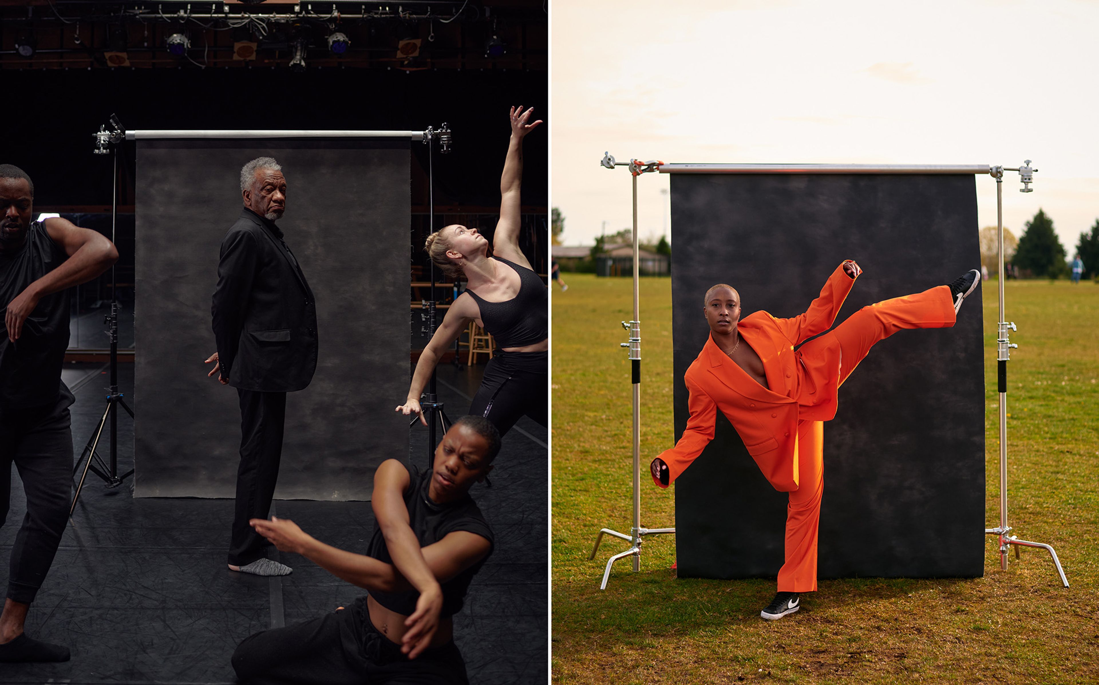 left: a man in a black suit stands in front of a black backdrop surrounded by three dancers, right: a woman in an orange suit stands with one leg raised in front of a black backdrop on a grass field
