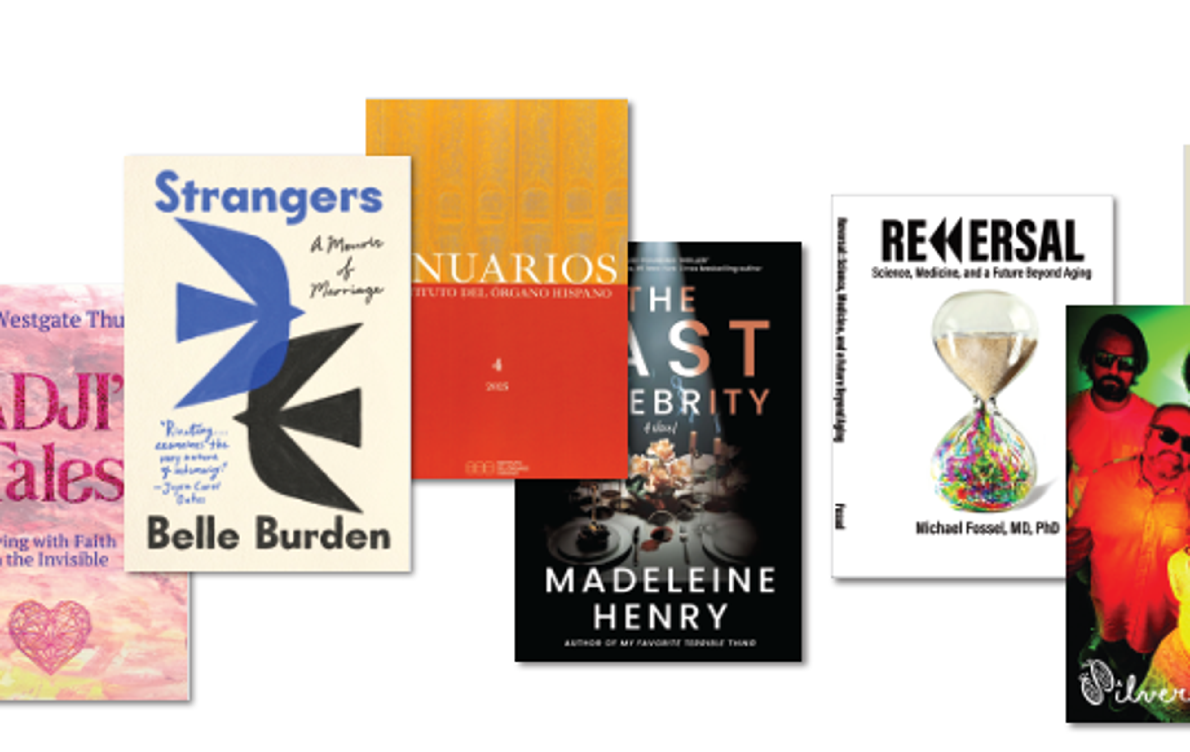 Several book covers arranged somewhat randomly on a white background.