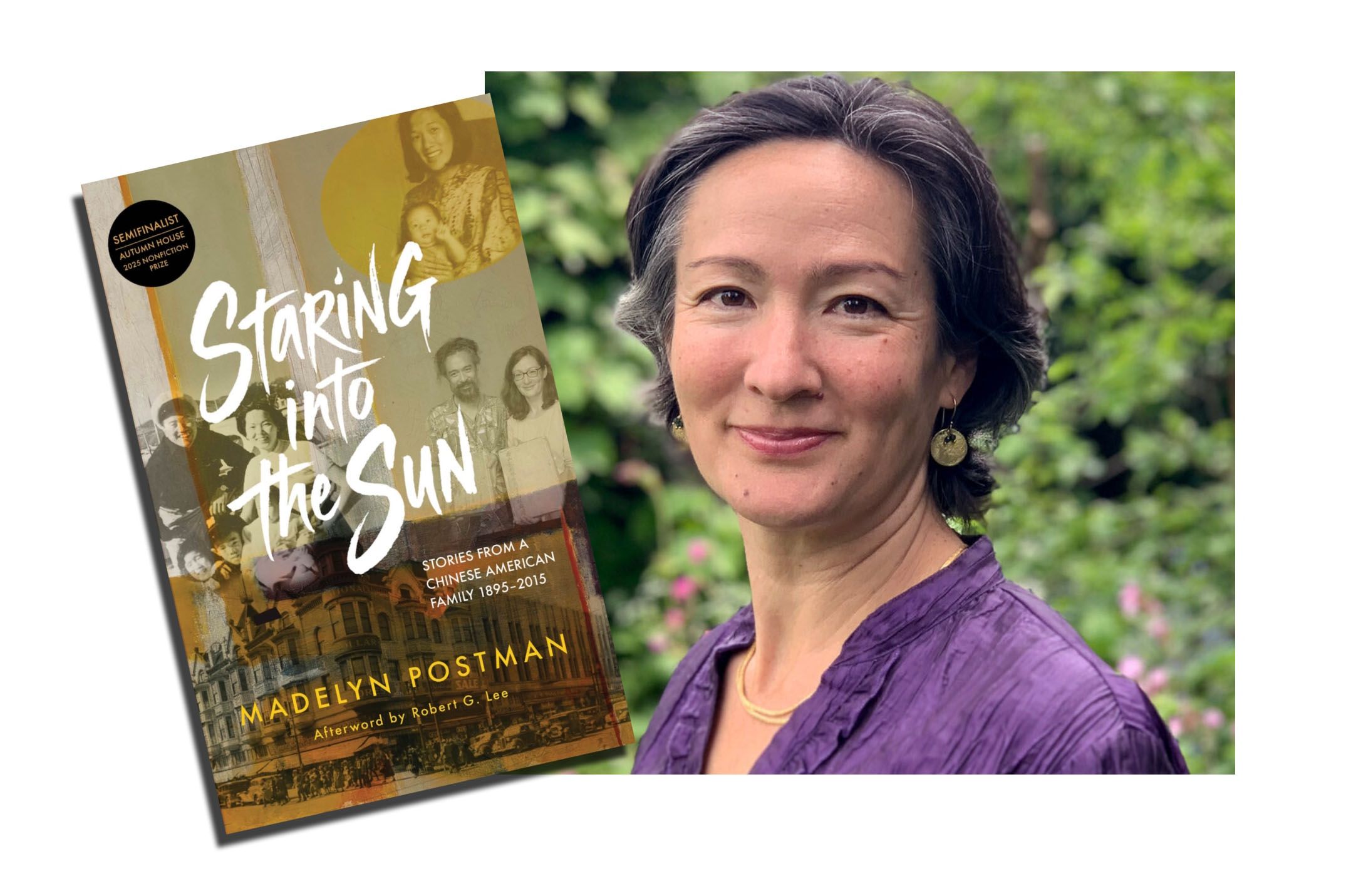 a composite photo of the author and her book cover.