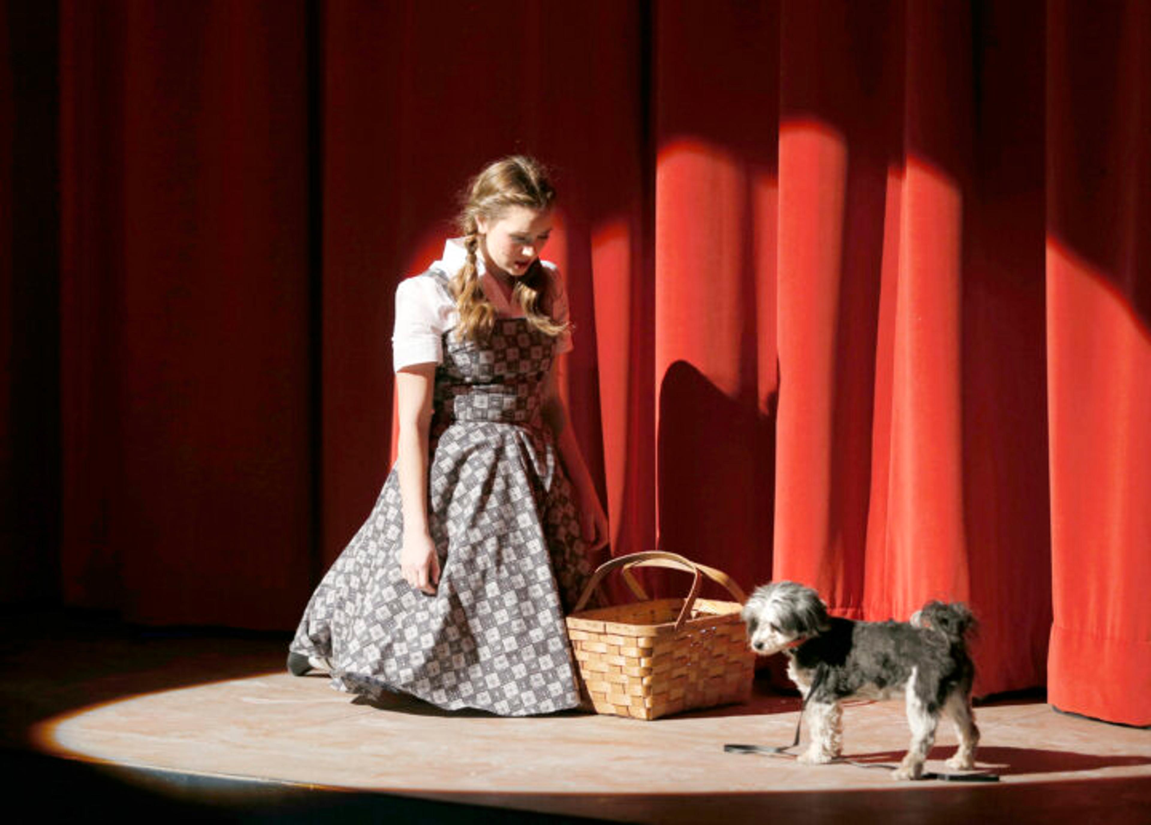 Girl on stage with basket and little dog 