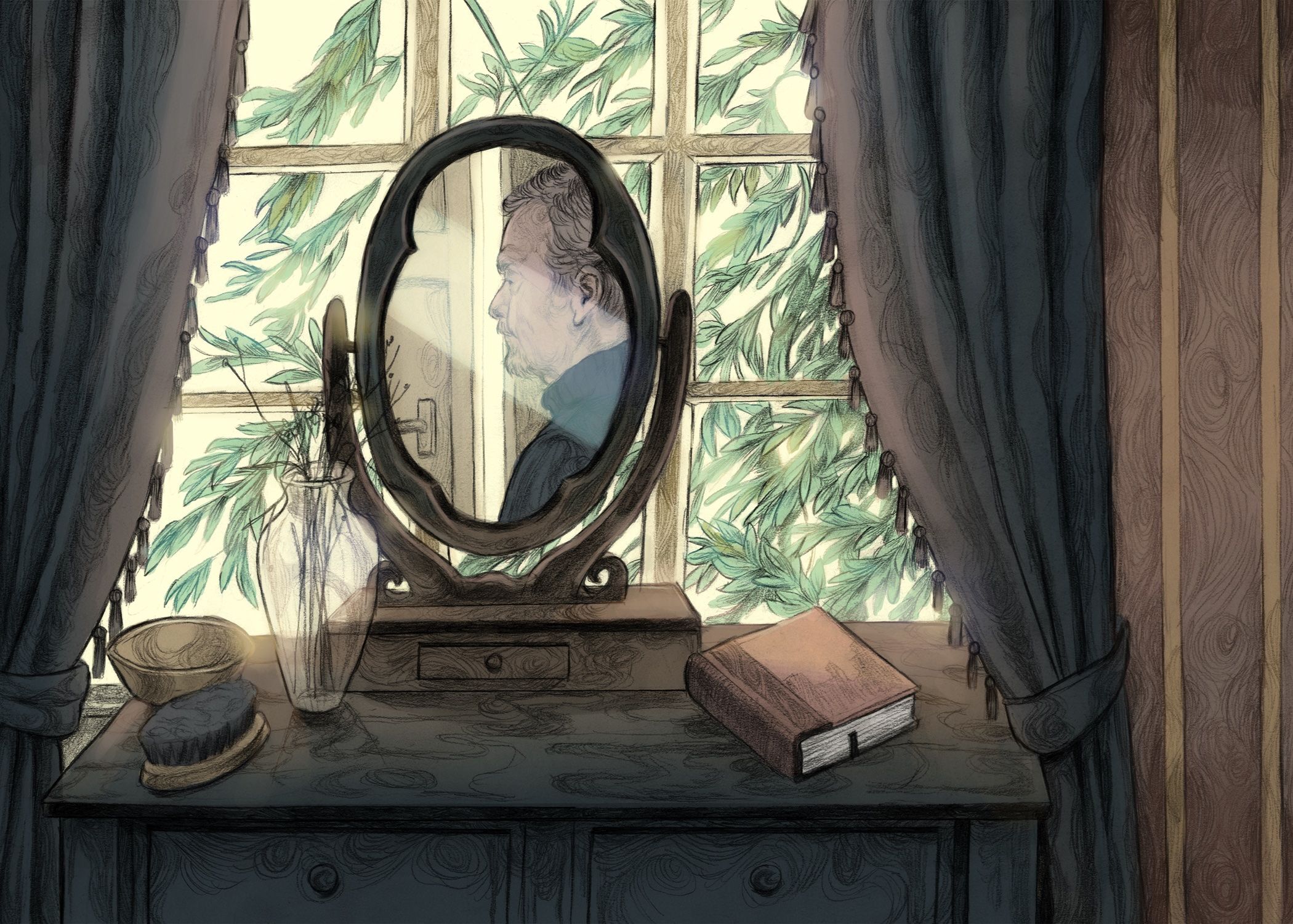 Illustration of a window with blinds, and a mirror with a man's reflection