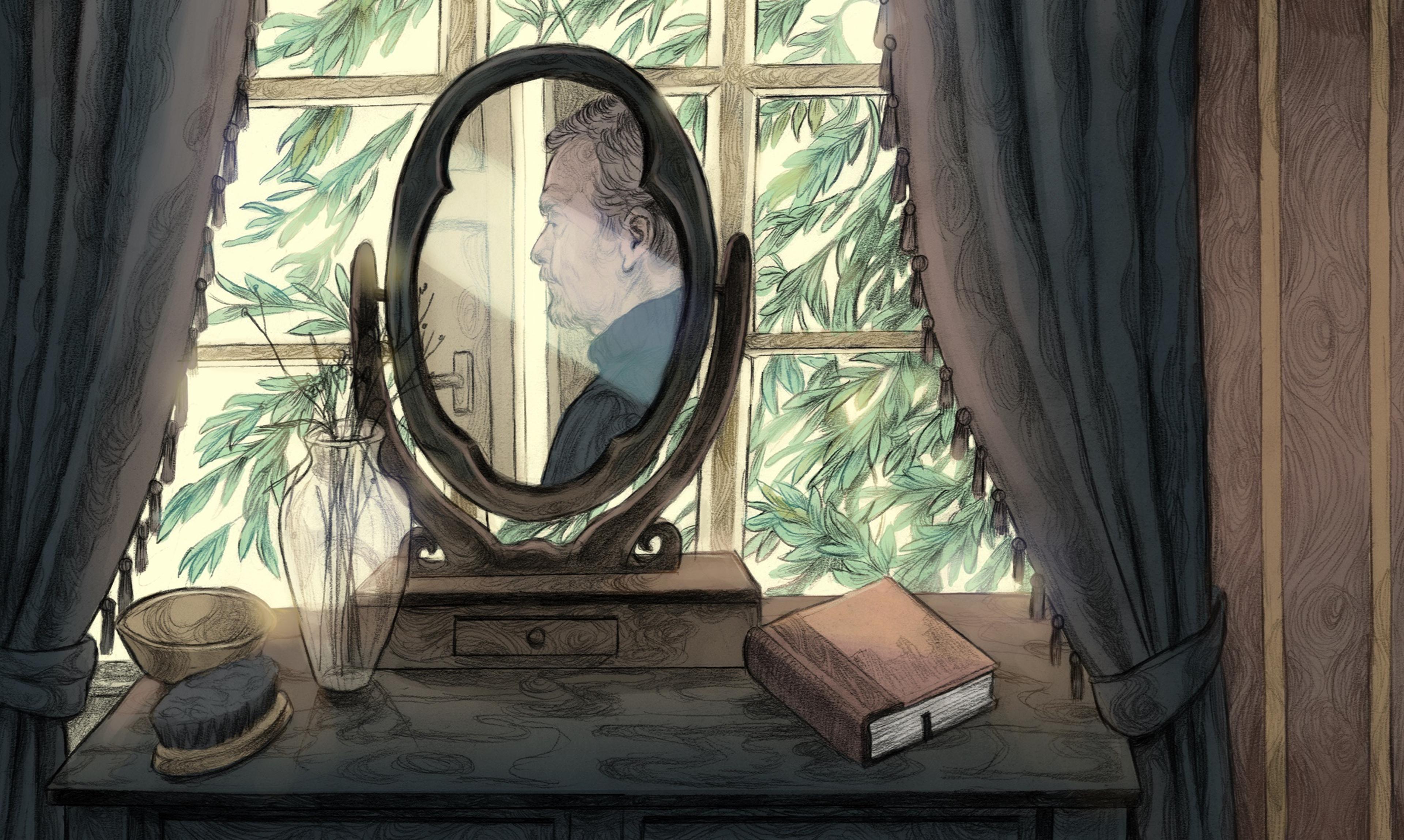 Illustration of a window with blinds, and a mirror with a man's reflection