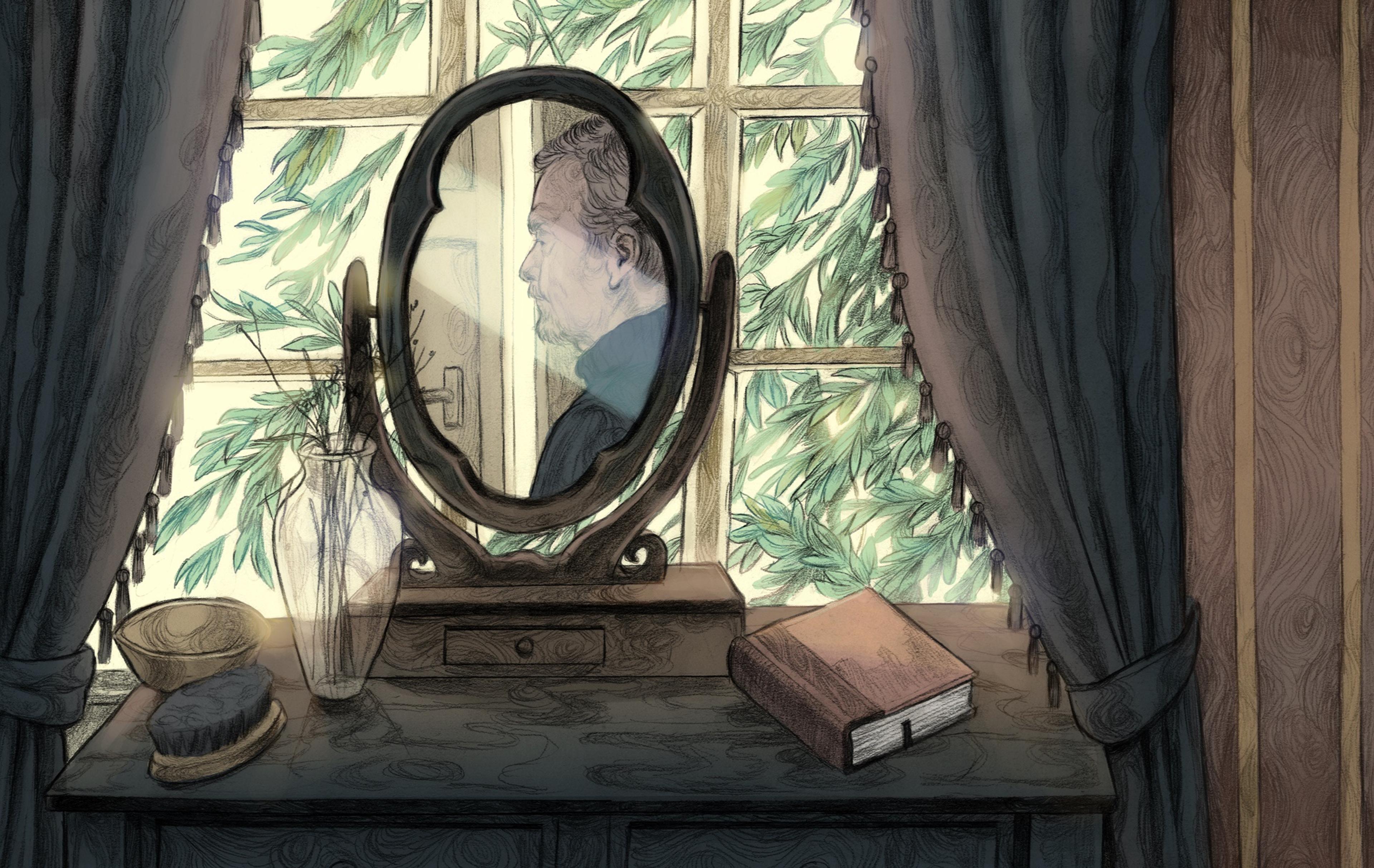 Illustration of a window with blinds, and a mirror with a man's reflection