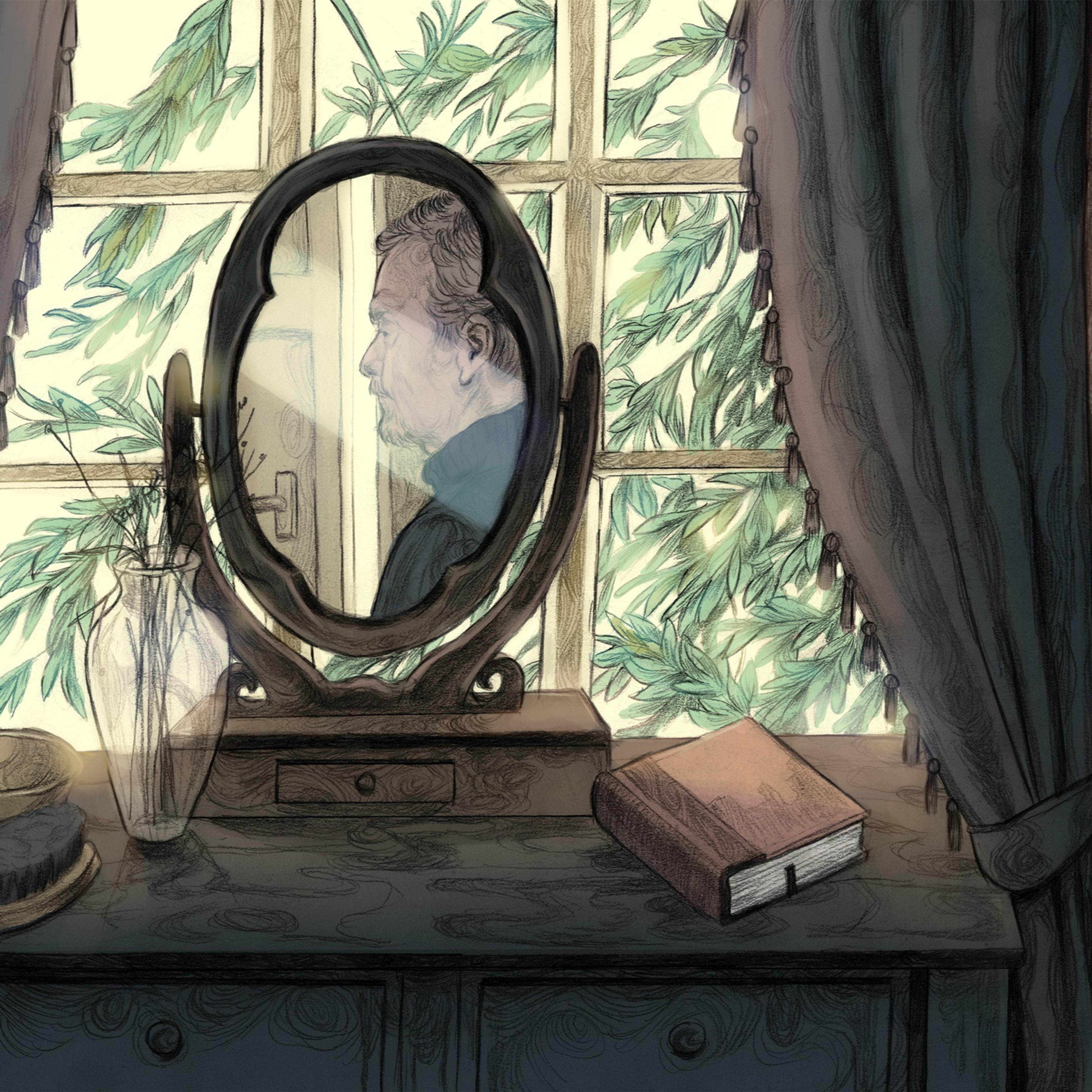Illustration of a window with blinds, and a mirror with a man's reflection