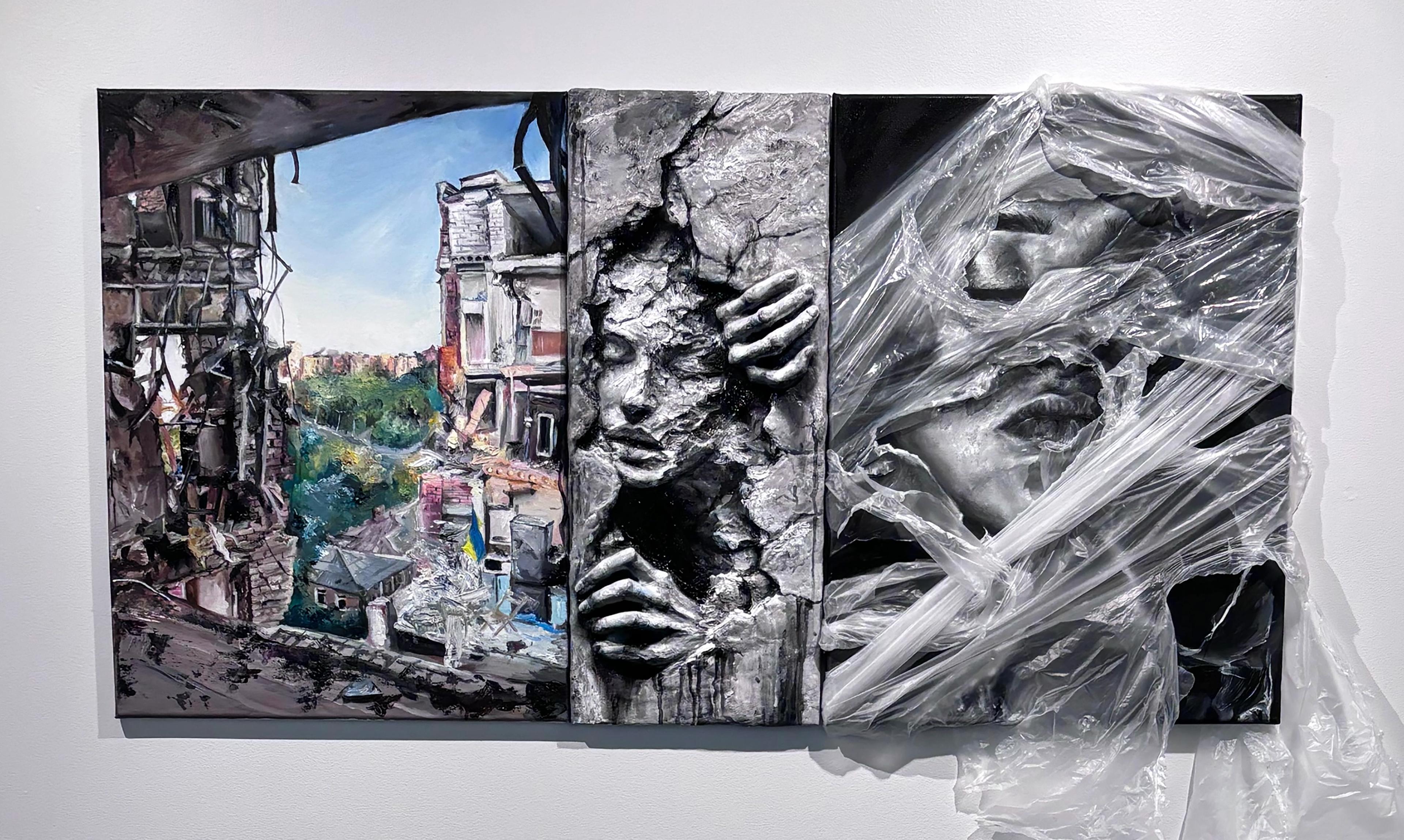 oil painting on canvas featuring shattered windows and rubble