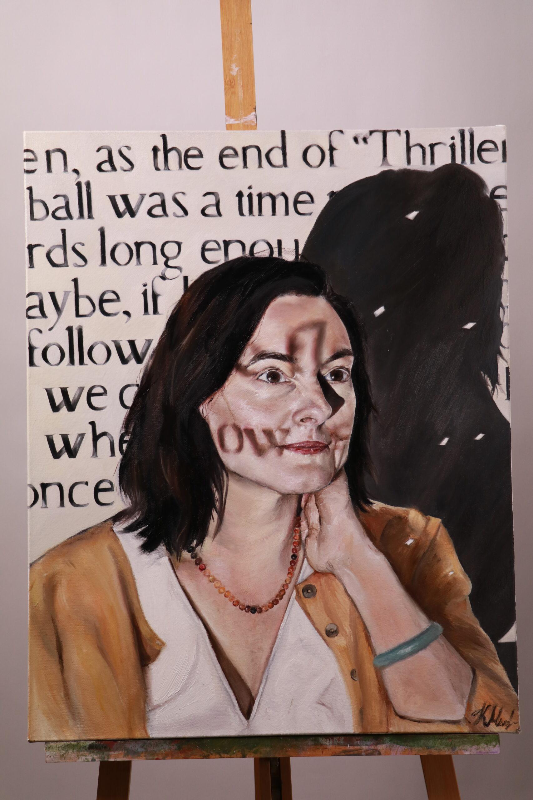 portrait with words and a painting of a teacher.