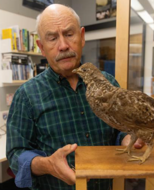man with taxidermy birds