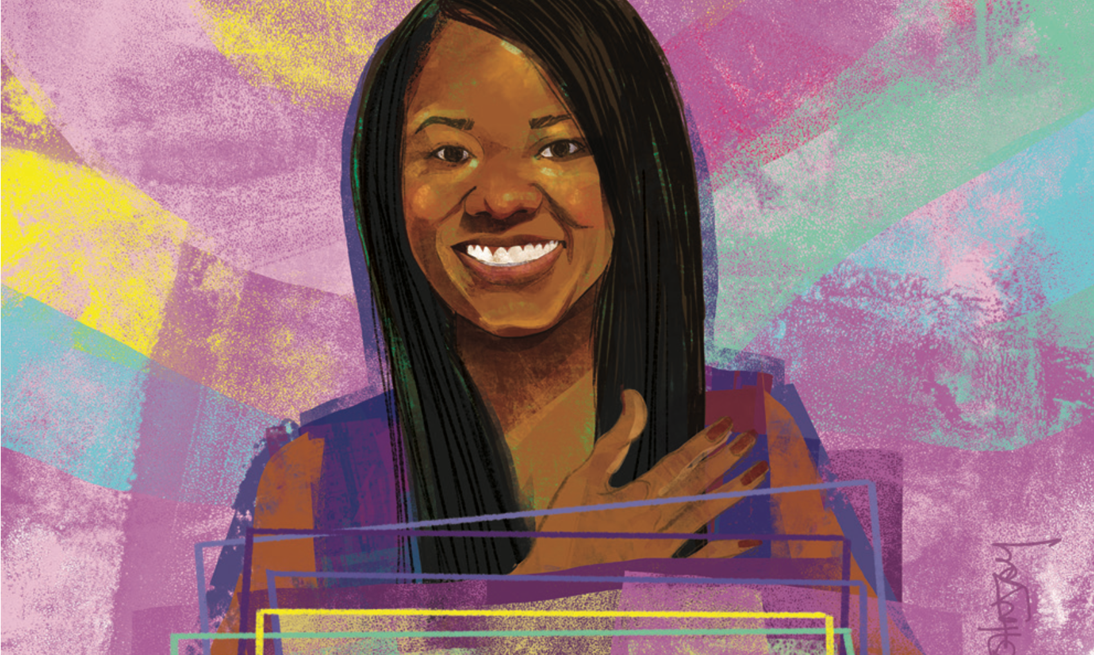 Black woman with hand on her chest against a colorful background.