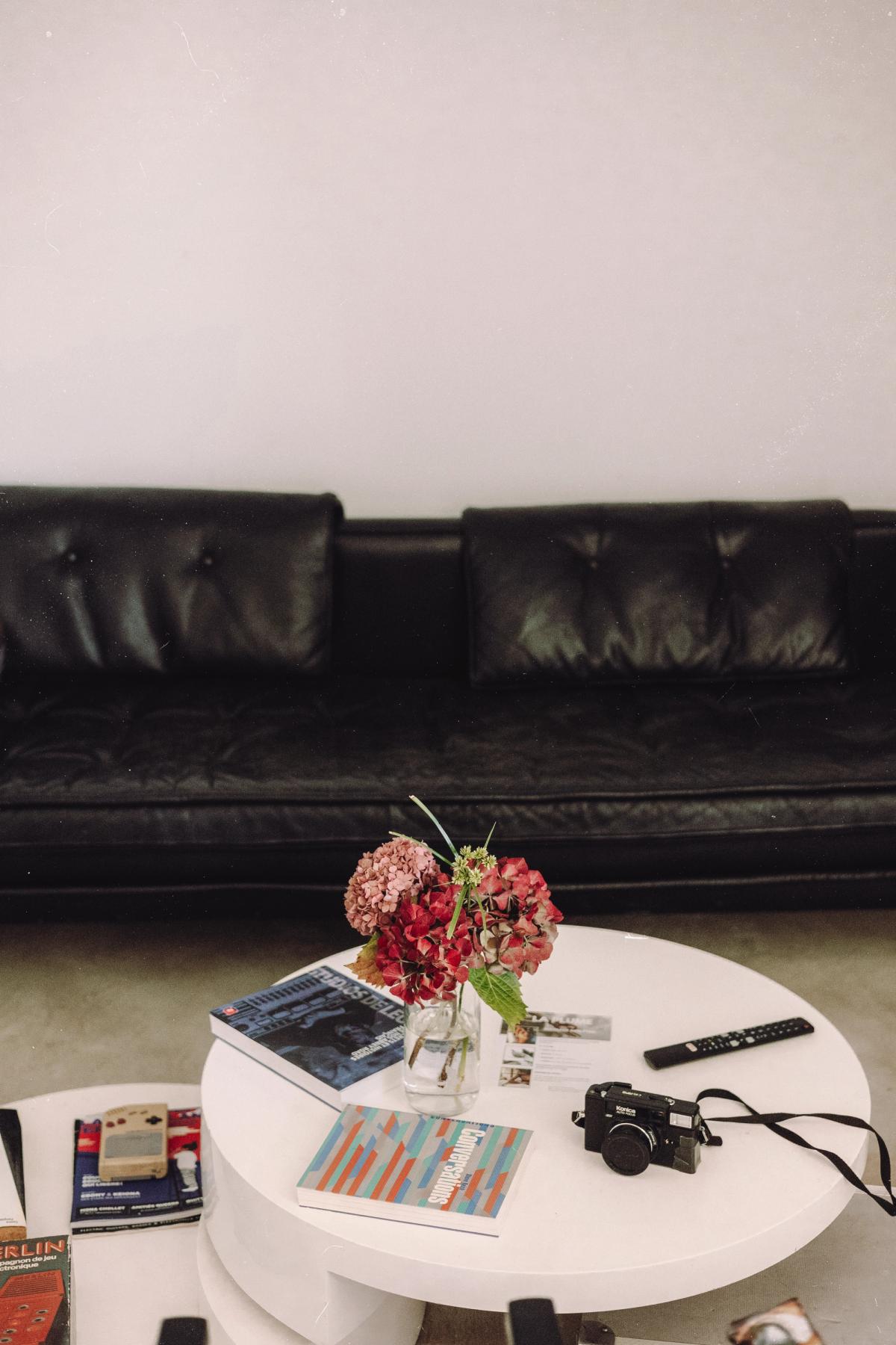Lounge with flowers and film camera