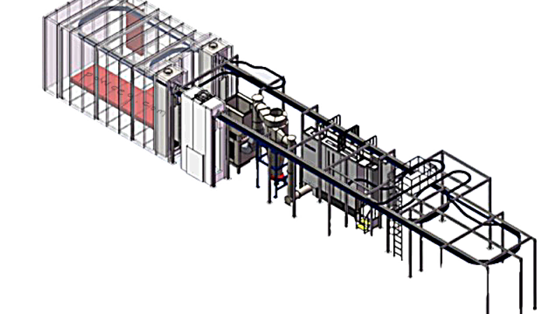 Industrial powder coating plant with power and free conveyor