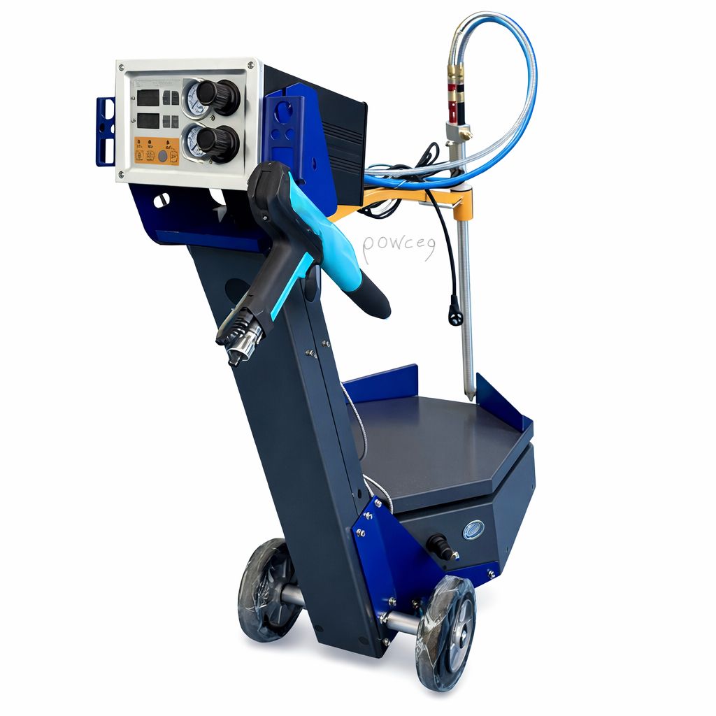 Complete powder coating system with digital control and vibrating fluidization table on pneumatic trolley