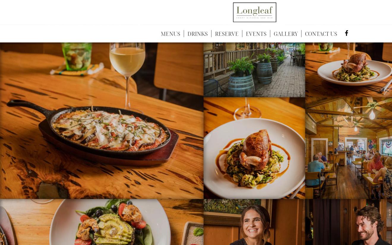 Skillet flatbread with wine on a wooden table at Longleaf Craft Kitchen and Bar, with a gallery of dishes and interior