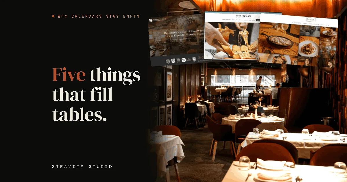 Stravity Studio blog graphic: restaurant website designs over dining room photo, 'Five things that fill tables'