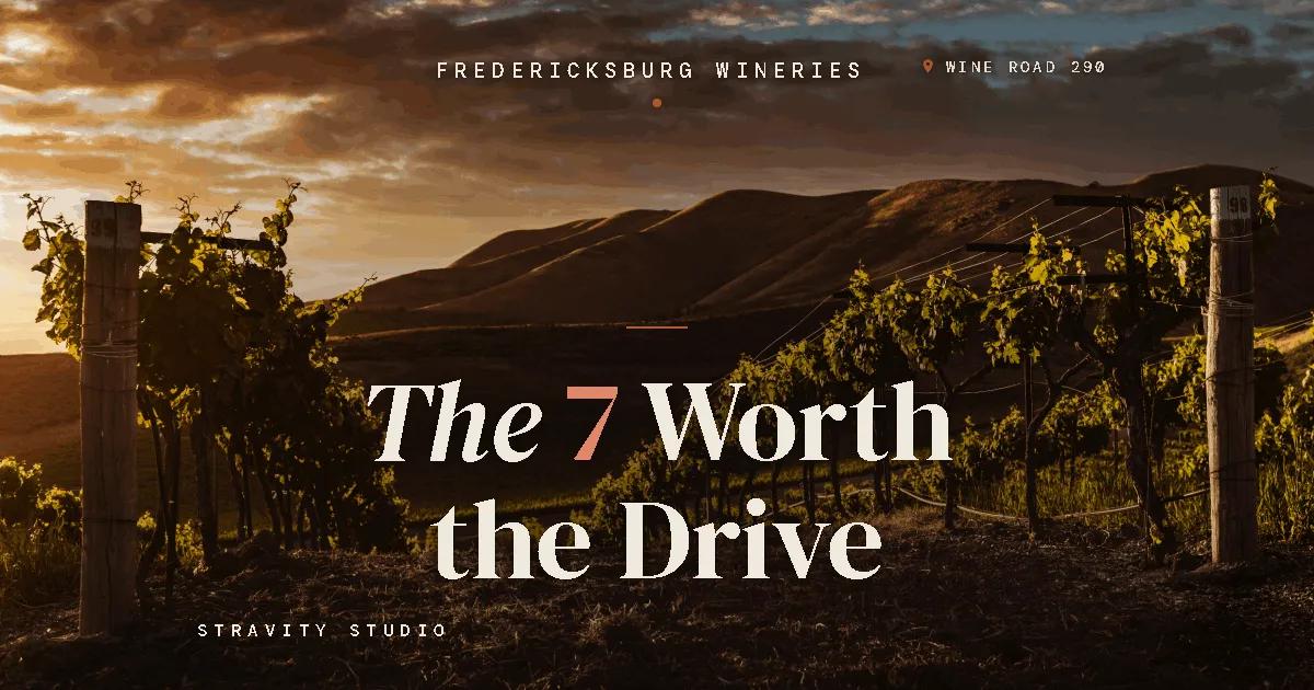Sunset over Fredericksburg vineyard rows with hills, header image for '7 Wineries Worth the Drive' article