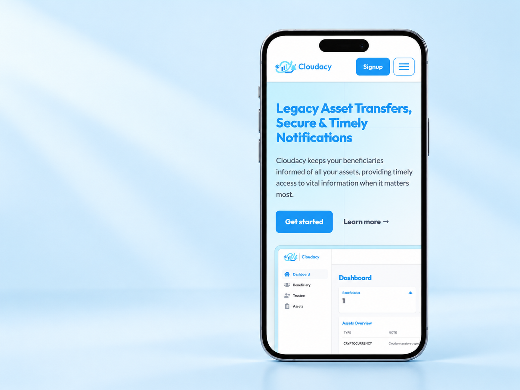 Cloudacy mobile website with its legacy planning introduction