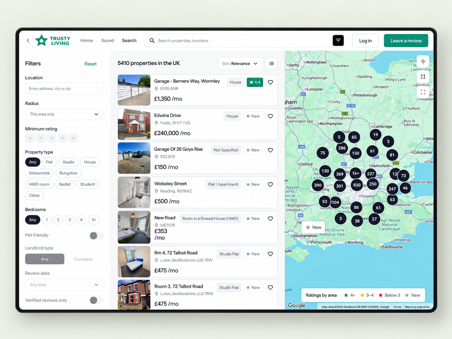 Trusty Living property search with filters, listings, and map