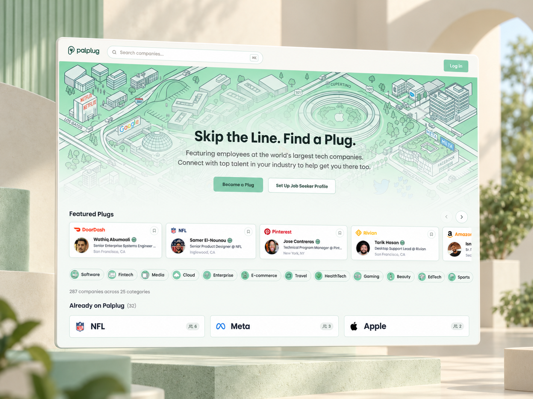 Palplug company discovery website on a floating screen in a mint setting