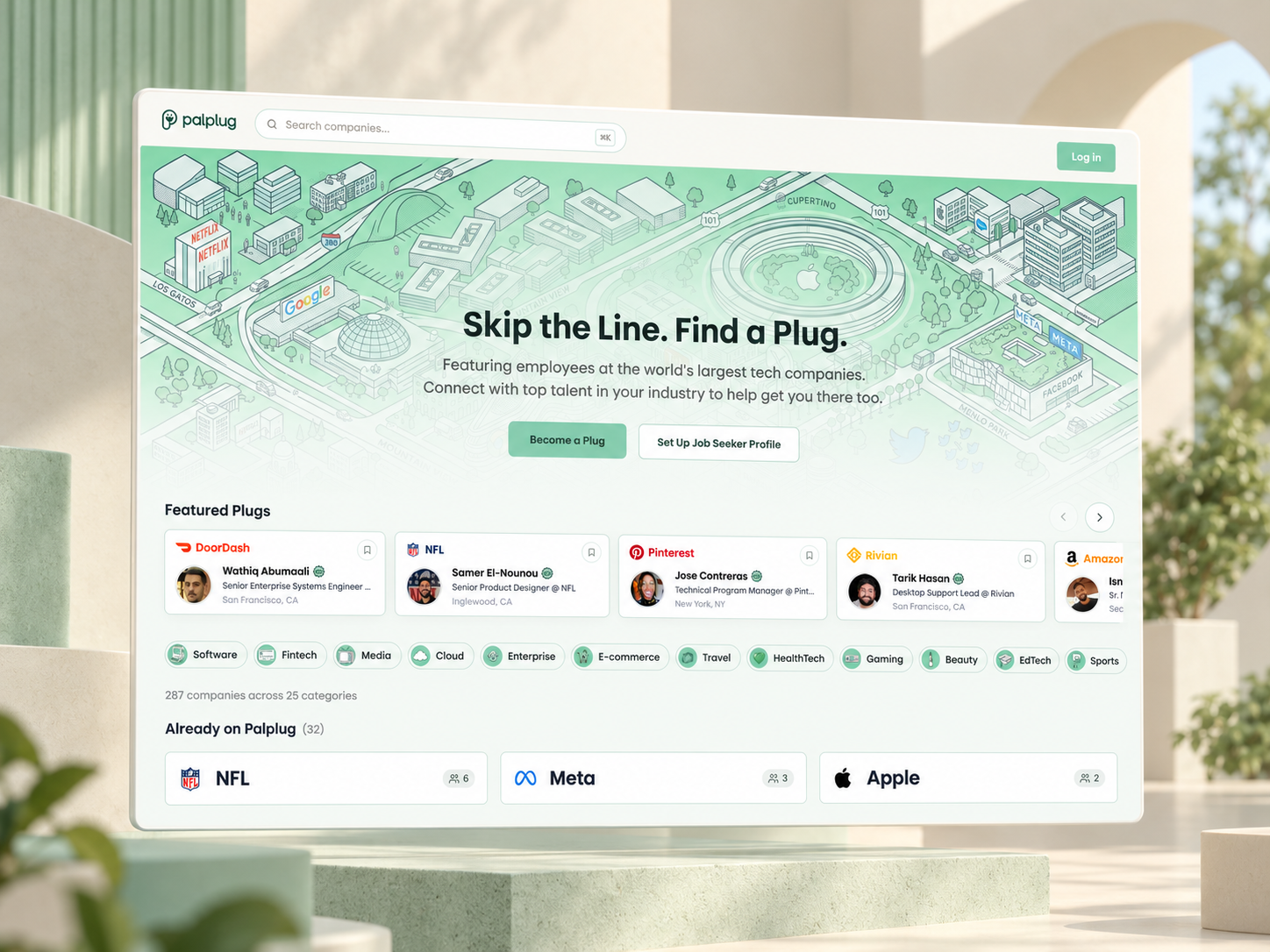 Palplug company discovery website on a floating screen in a mint setting