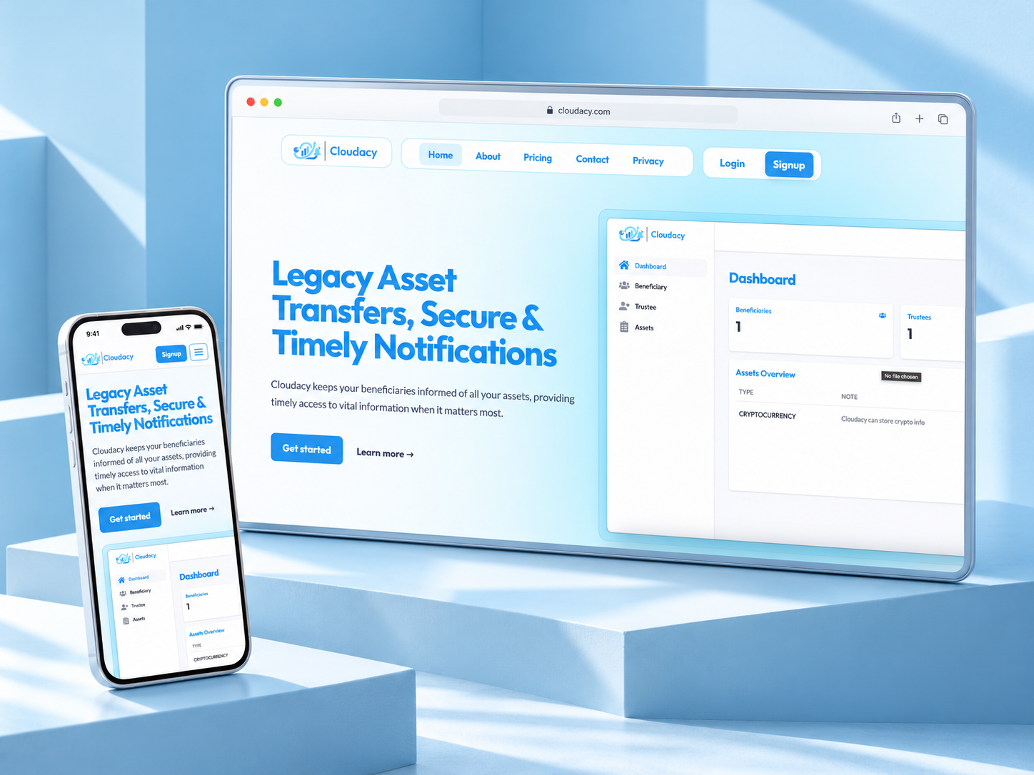 Cloudacy website on desktop and mobile in an ice-blue setting