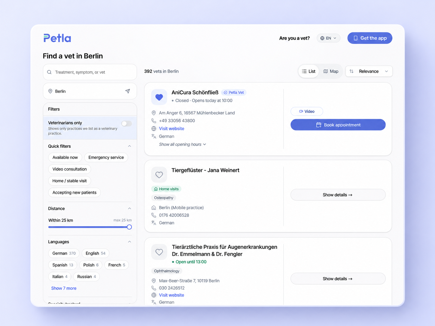 Petla Berlin search results with practice cards and quick filters
