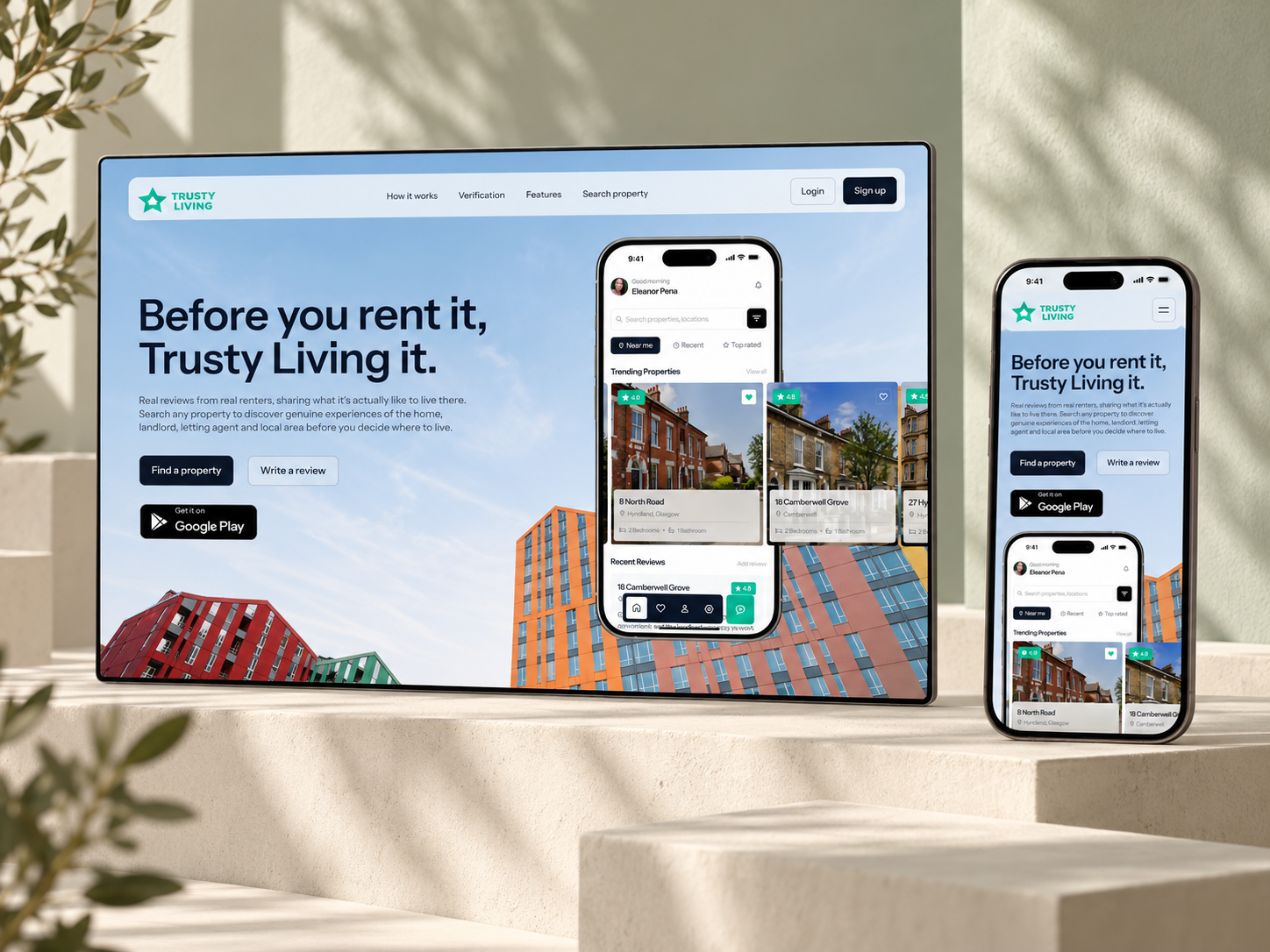 Trusty Living desktop and mobile website presented in a sage architectural setting