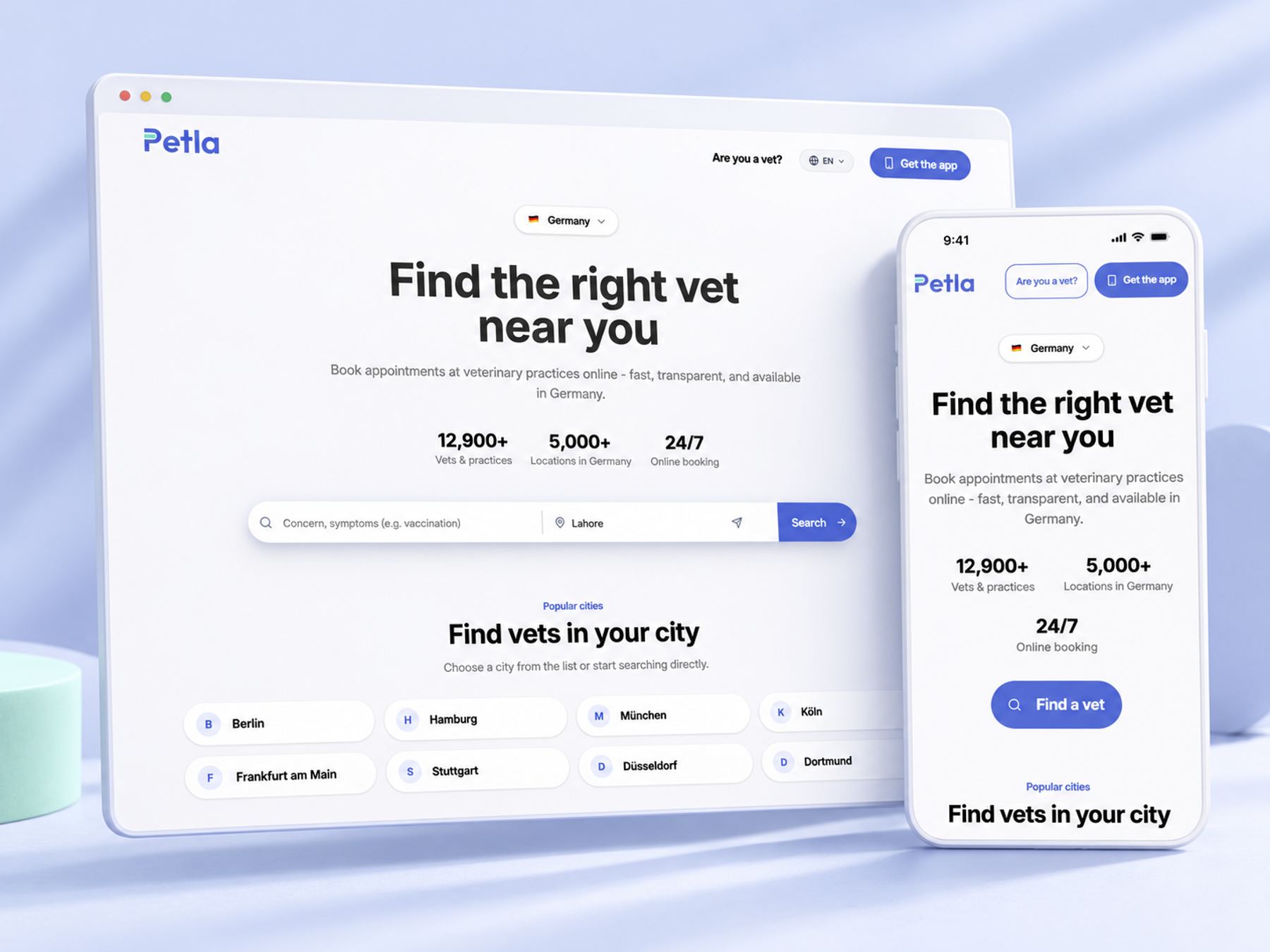 Petla veterinary search on desktop and mobile in a periwinkle setting