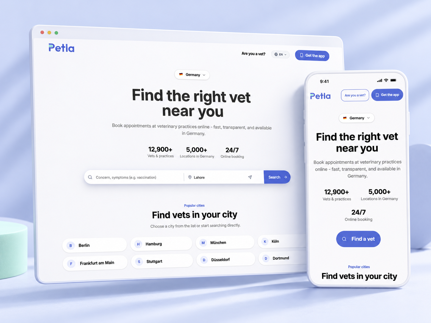 Petla veterinary search on desktop and mobile in a periwinkle setting