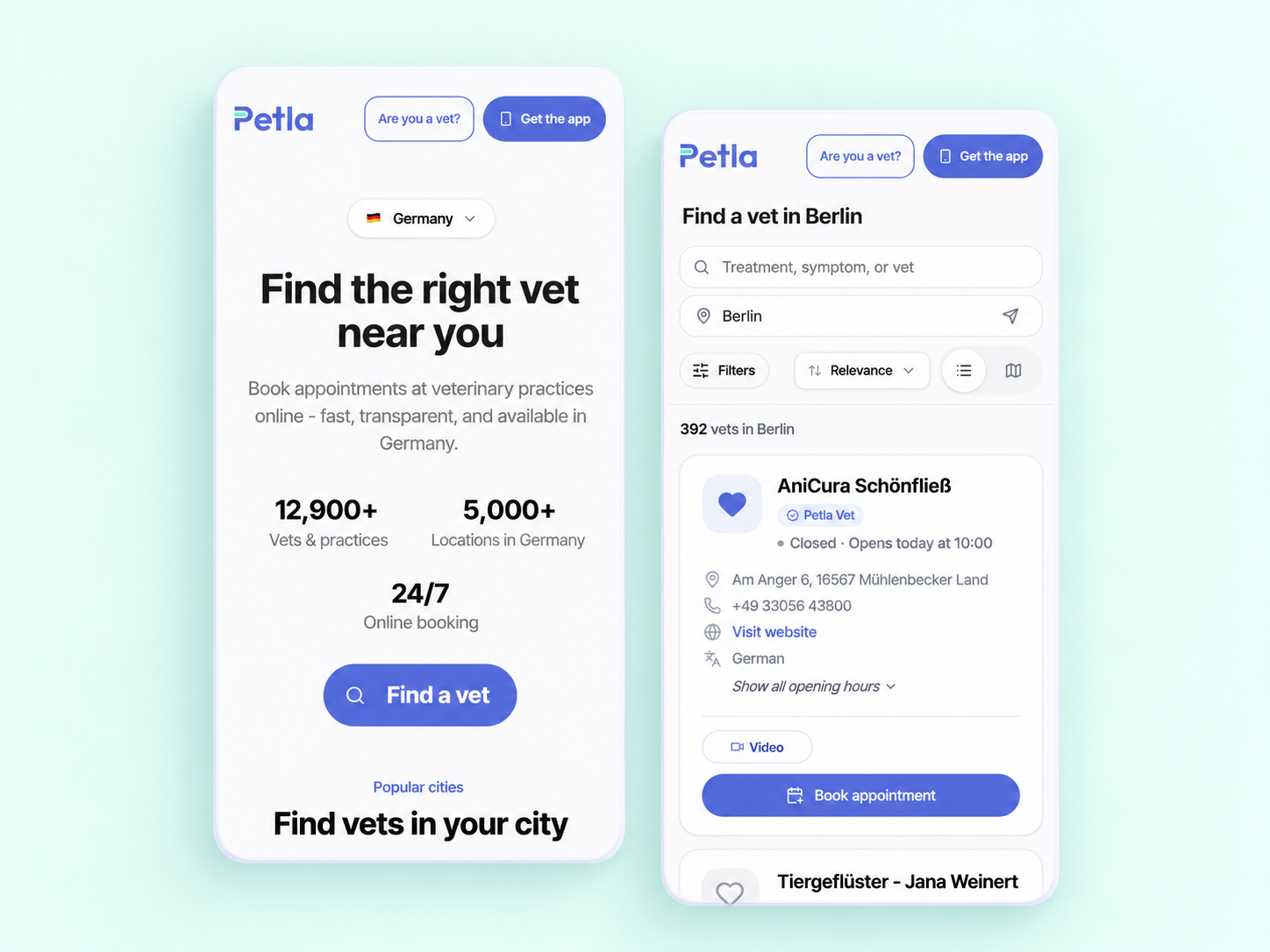 Petla mobile home and Berlin search screens on a mint background