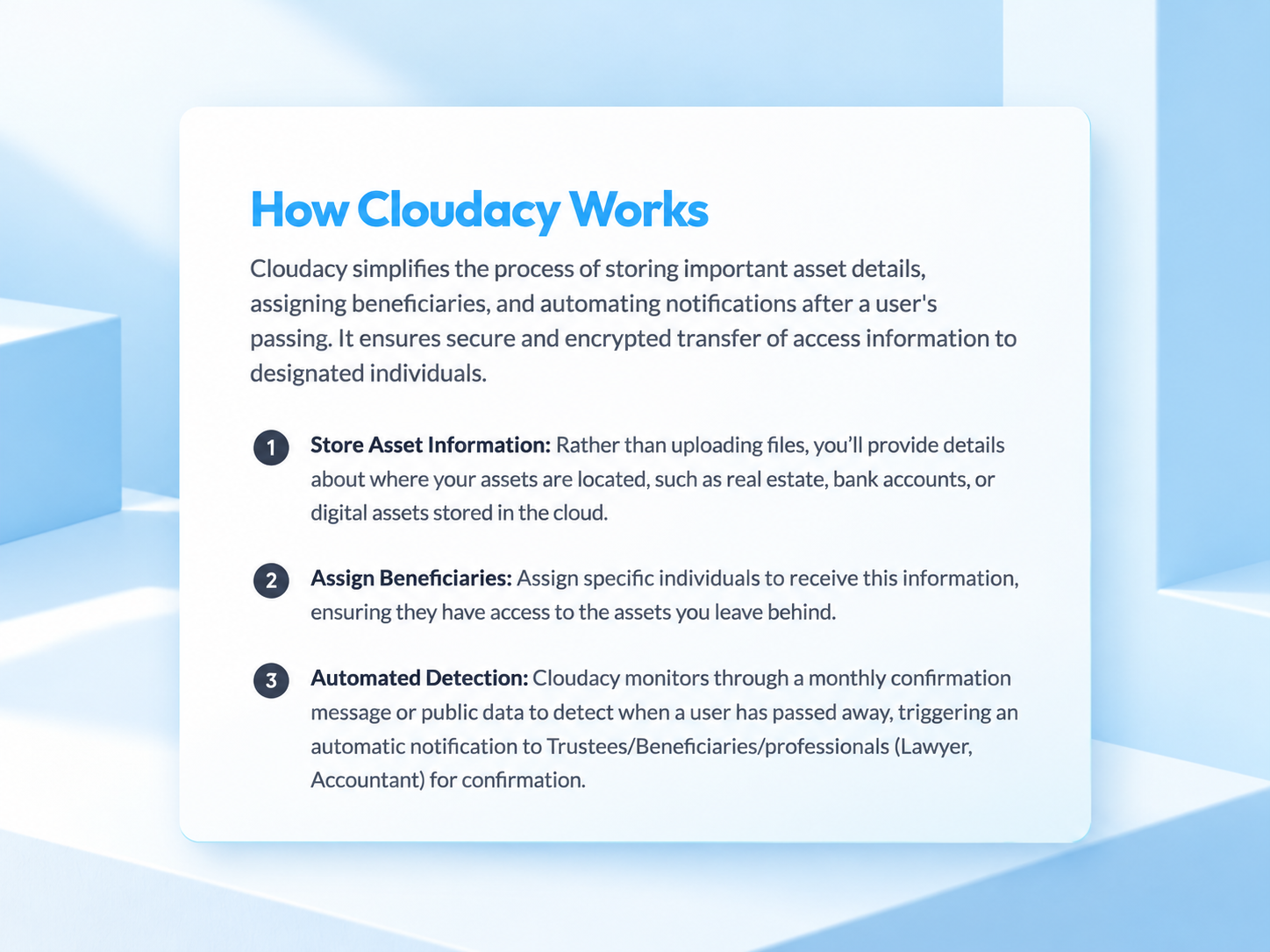 Cloudacy process explanation on a floating content panel