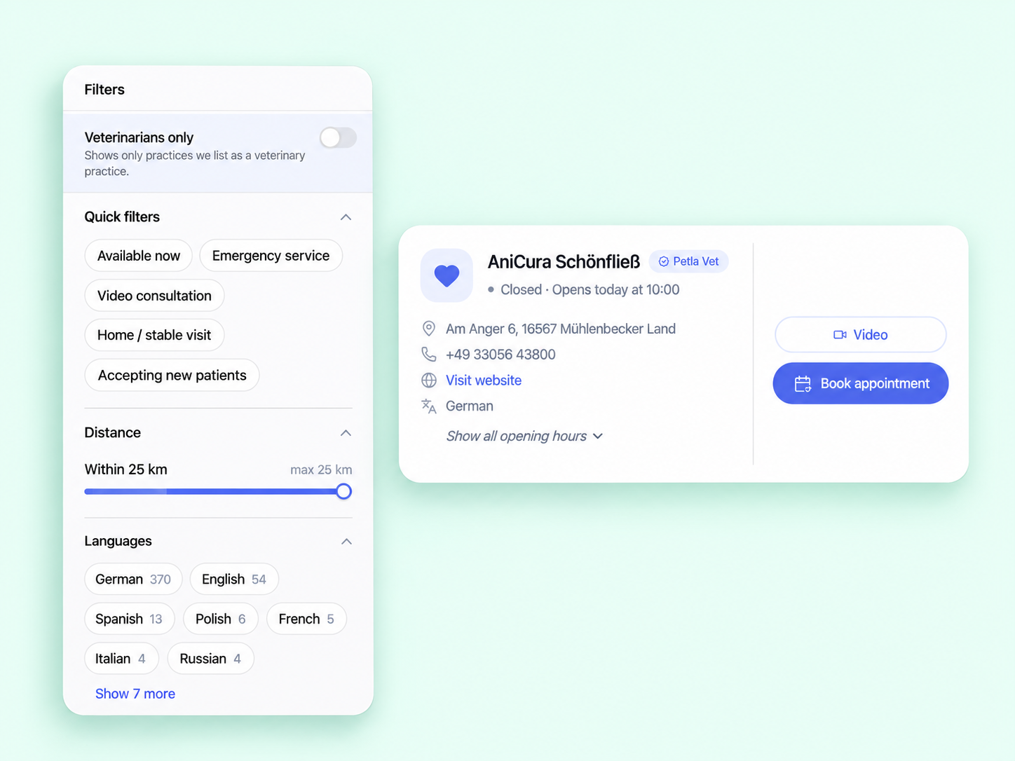 Petla quick filters, distance controls, and booking action