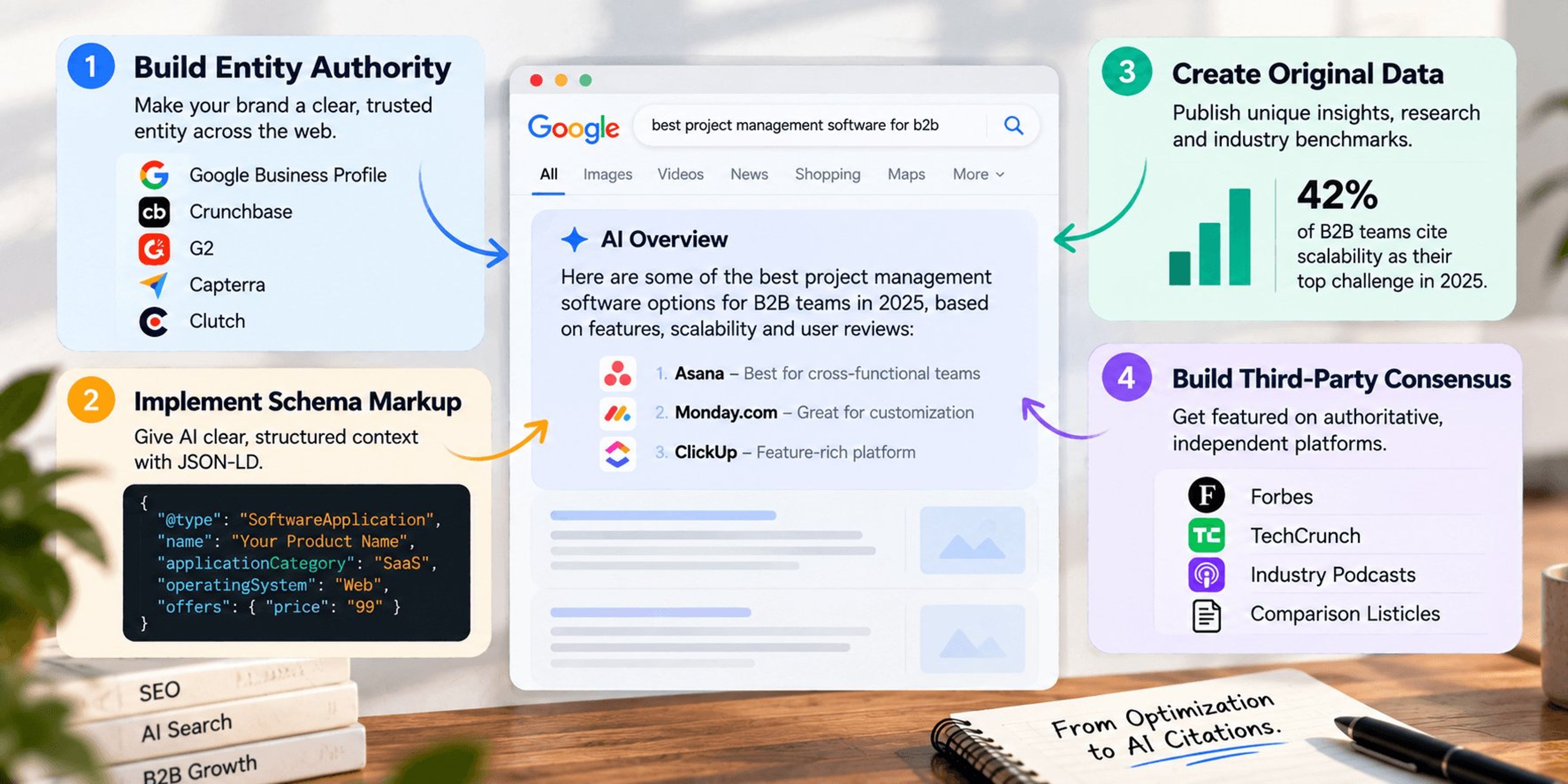 How to rank in Google AI Overviews: four GEO steps for B2B brands — build entity authority, implement schema markup, create original data, and build third-party consensus