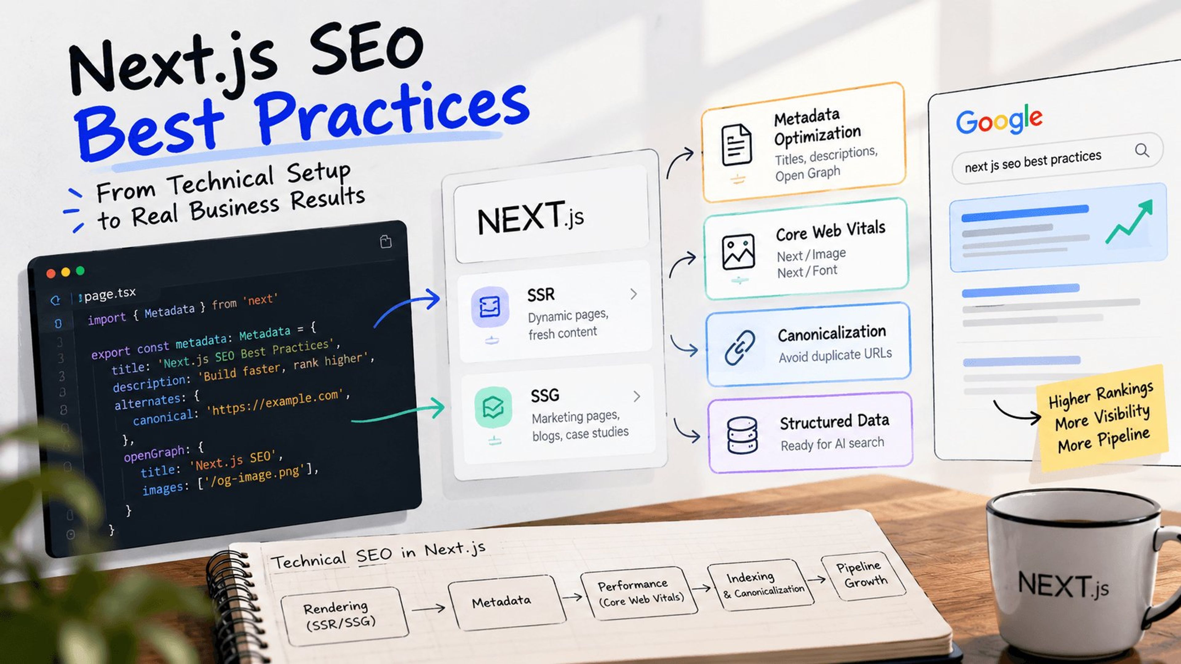 Technical SEO in Next.js workflow: SSR and SSG rendering feeding metadata optimization, Core Web Vitals, canonicalization and structured data for higher Google rankings