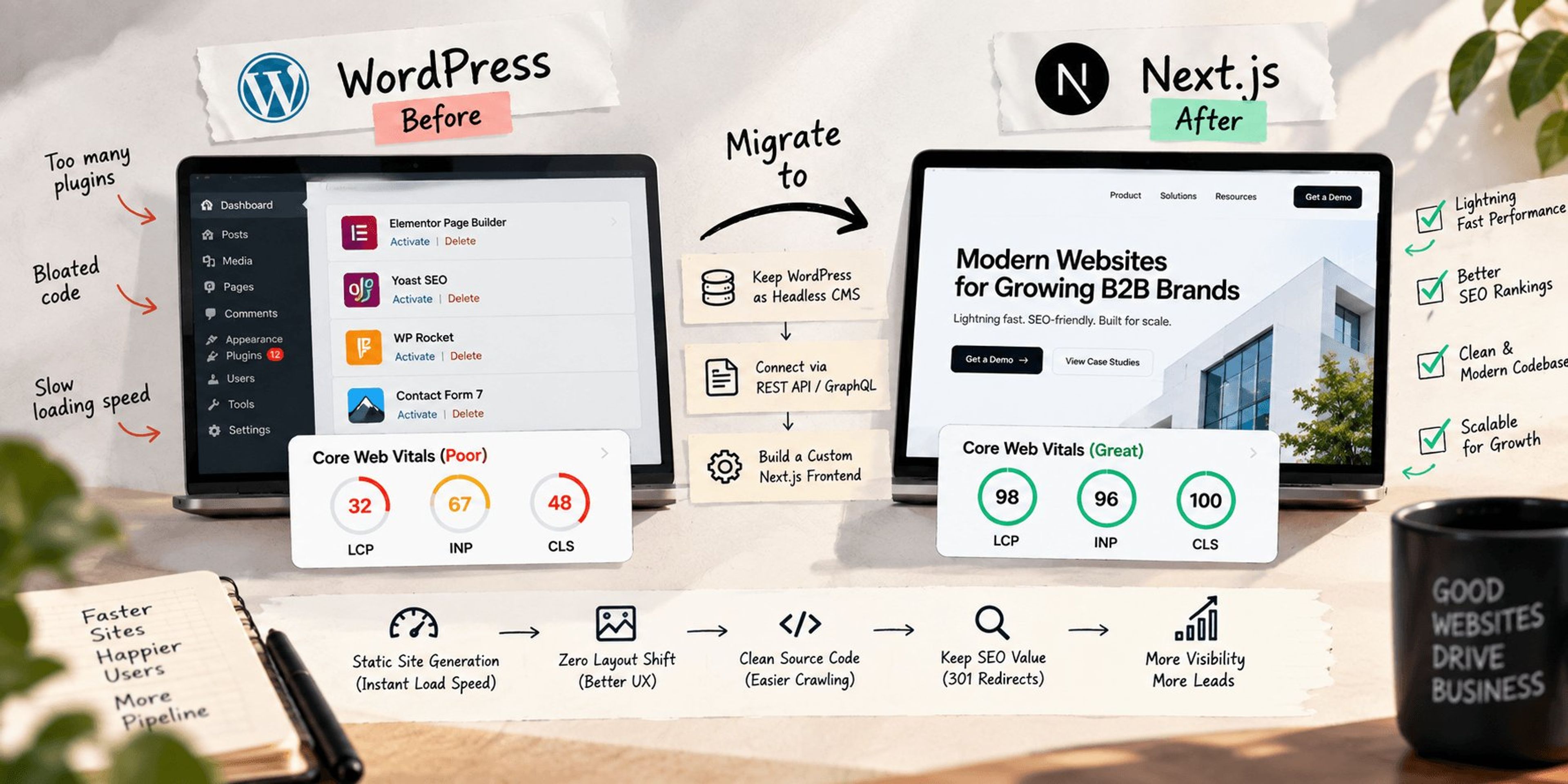 WordPress vs Next.js before and after migration: poor Core Web Vitals and too many plugins on WordPress versus great scores with a headless WordPress CMS and custom Next.js frontend