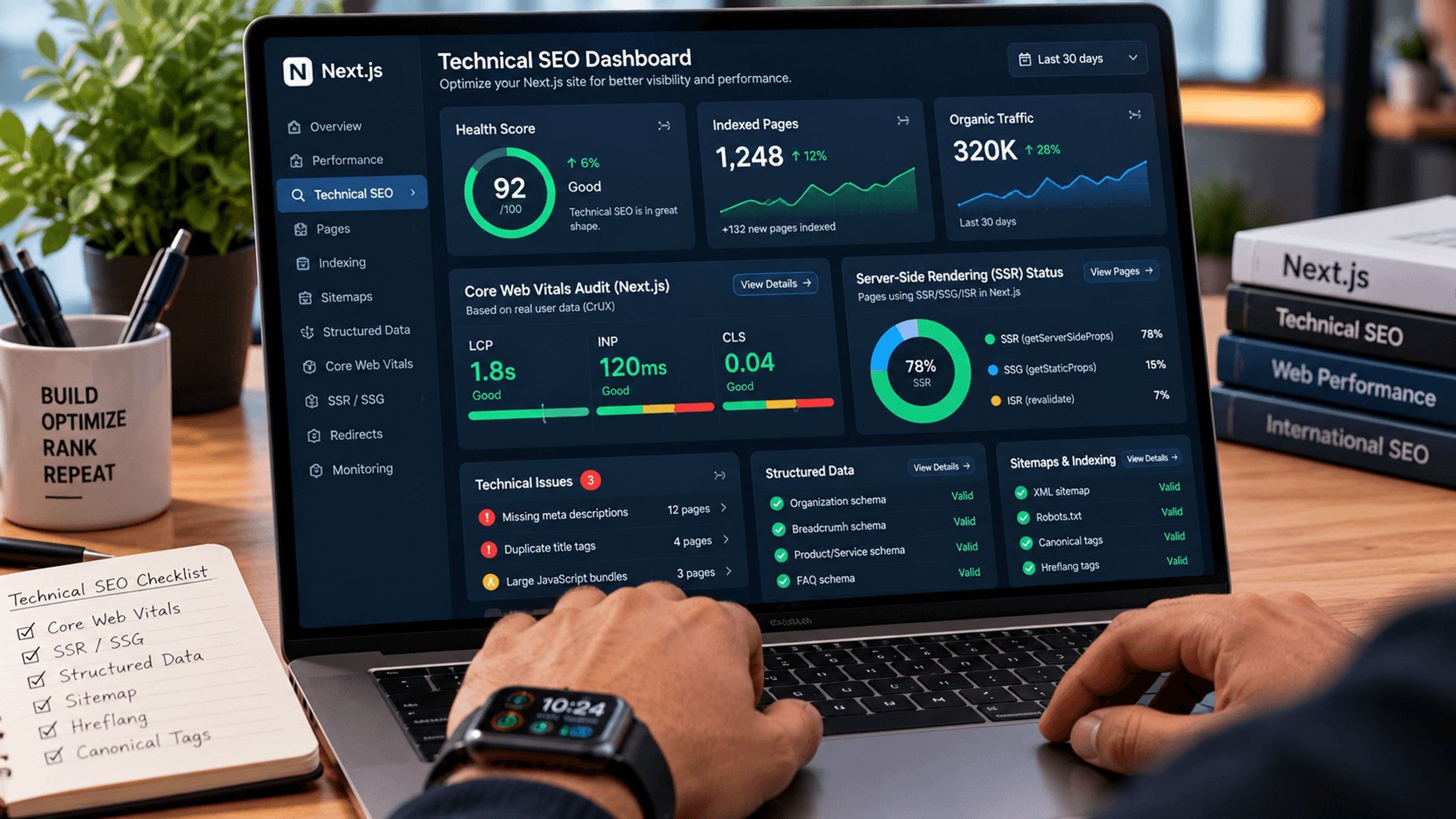 Next.js technical SEO dashboard showing Core Web Vitals, server-side rendering status, structured data and indexing checks