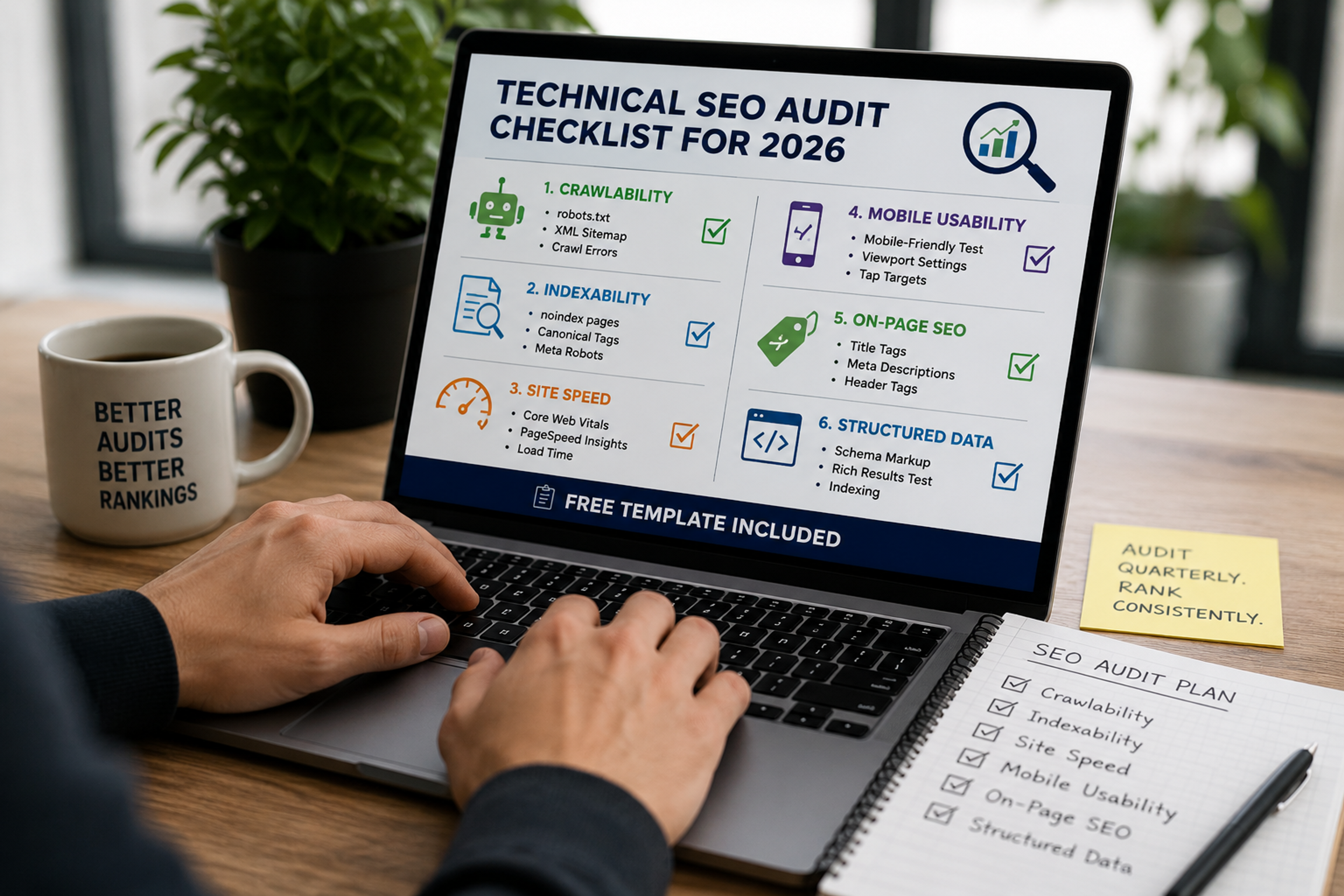 Laptop displaying a technical SEO audit checklist for 2026 with sections for crawlability, indexability, site speed, mobile usability, on-page SEO, and structured data, while a person works at a modern desk with an SEO audit plan notebook and coffee mug nearby.