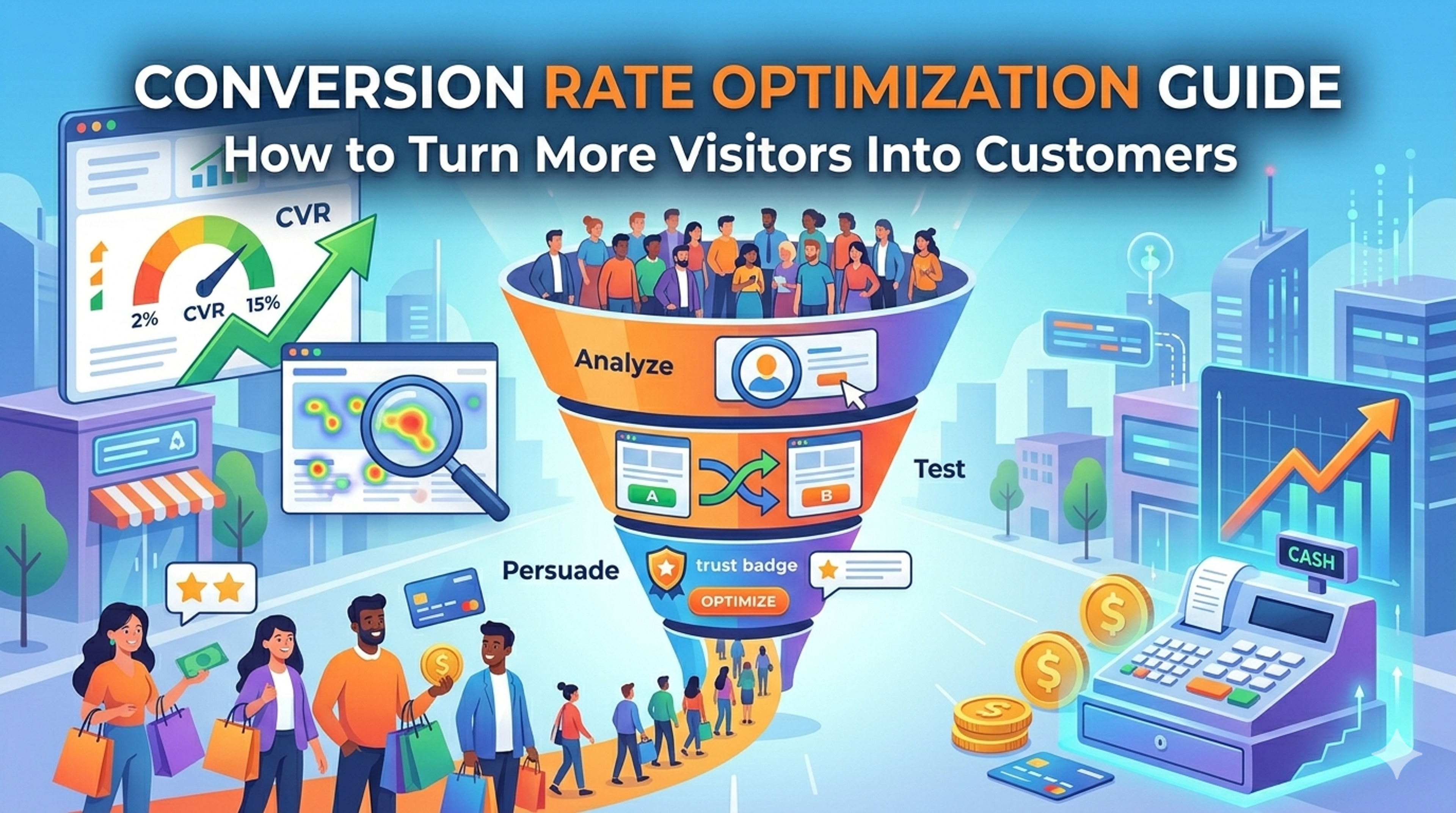 An illustrative featured image for a blog guide on Conversion Rate Optimization (CRO). It shows a conversion funnel where diverse website visitors enter at the top and progress down through stages of analysis, testing, and persuasion, emerging as happy customers with shopping bags and cash, symbolizing growth.