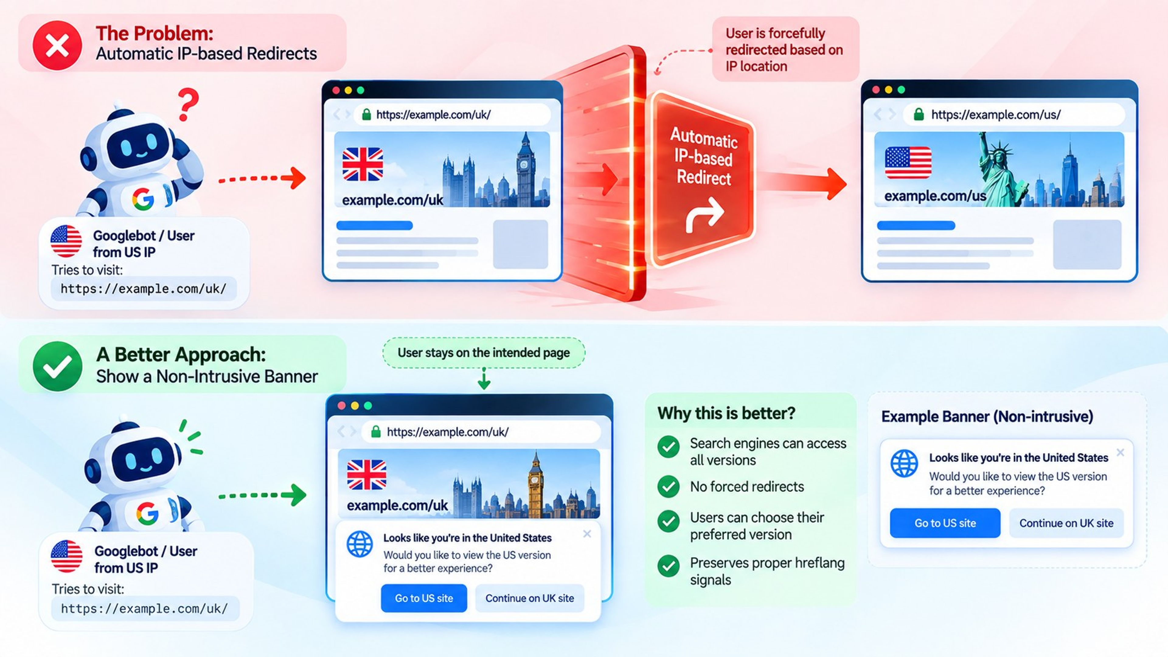 Automatic IP-based redirects block Googlebot from regional pages, while a non-intrusive location banner keeps all hreflang versions crawlable