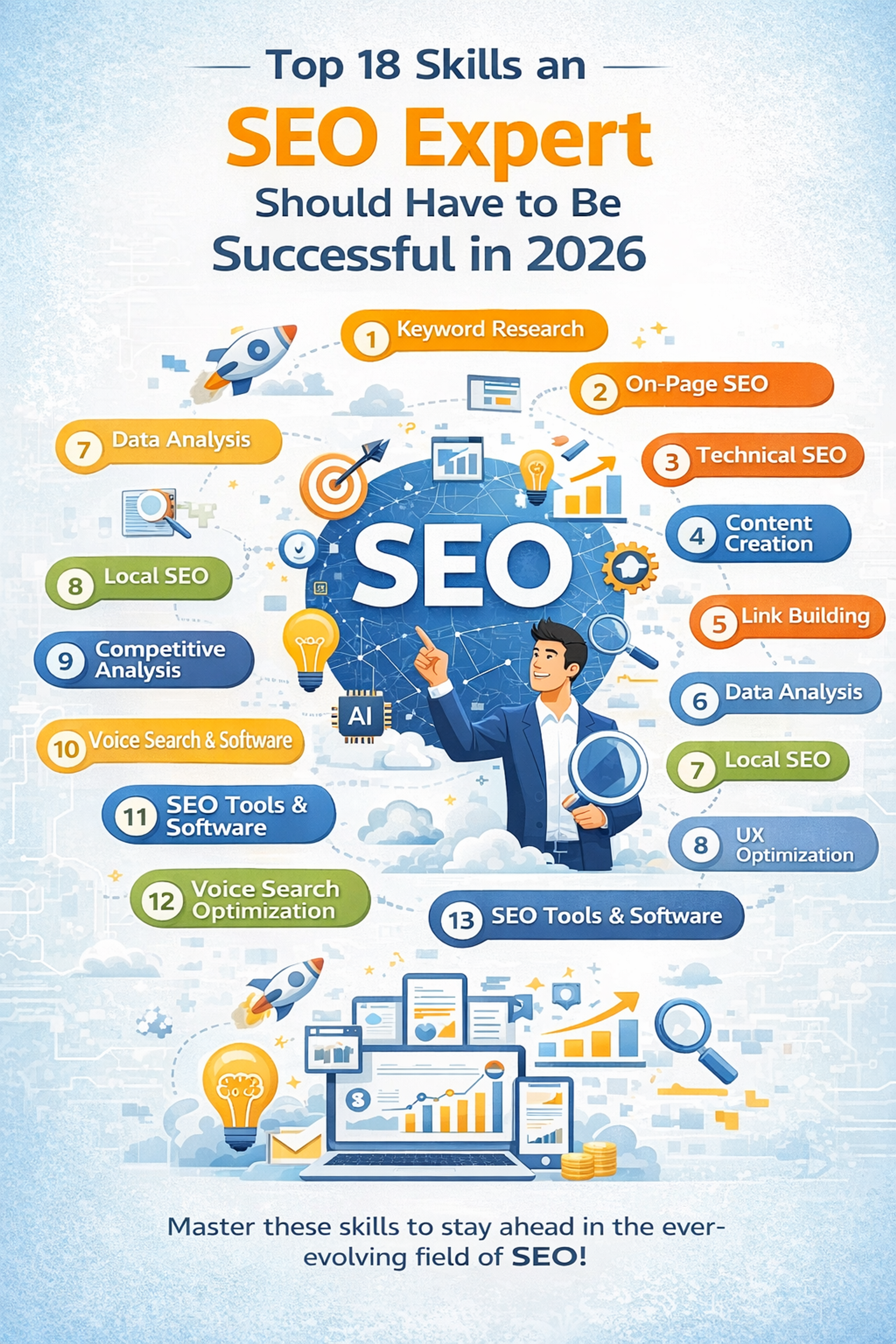 Infographic showing essential SEO skills for 2026 including analytics, AI, technical SEO, and strategy.