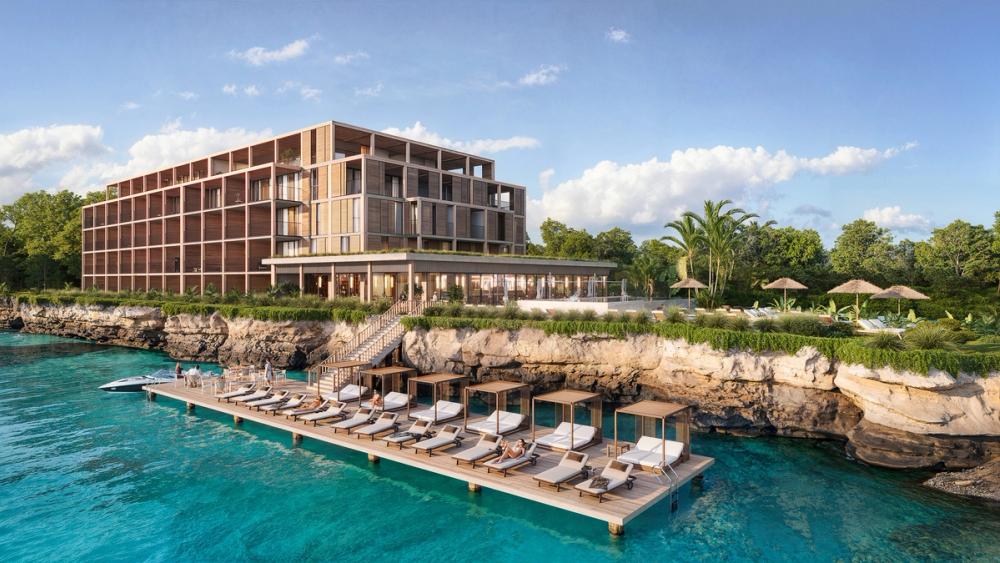 View of One True Blue Beach Hotel from the pool terrace