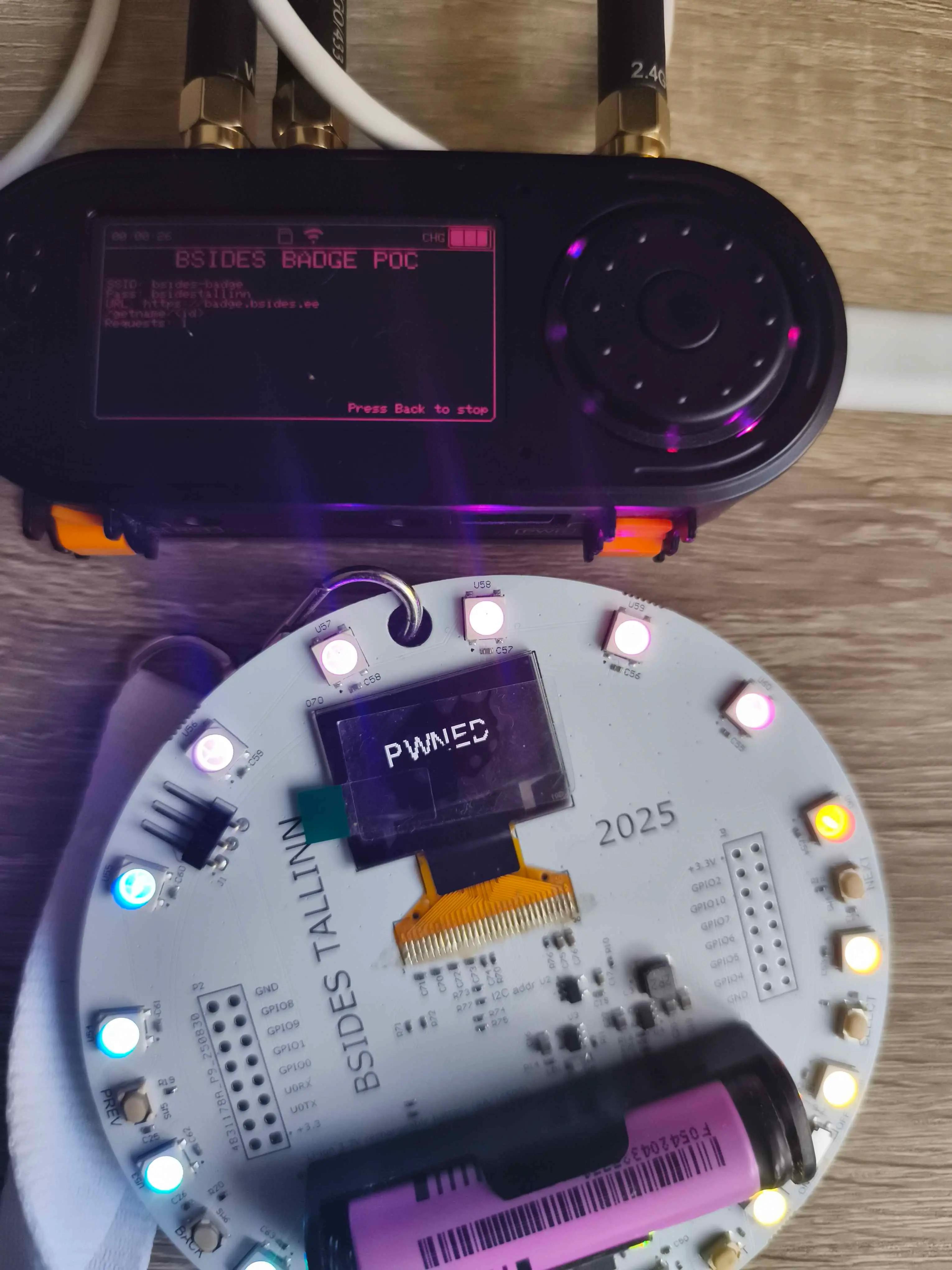 Hacked BSides 2025 conference badge next to a T-Embed running custom Bruce firmware with the PoC